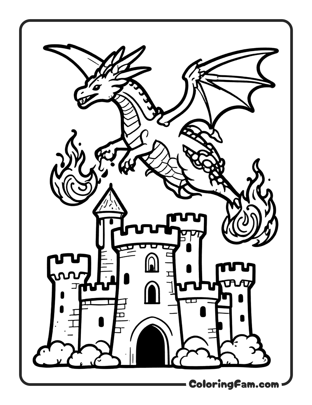 Dragon Flying Over Castle coloring page