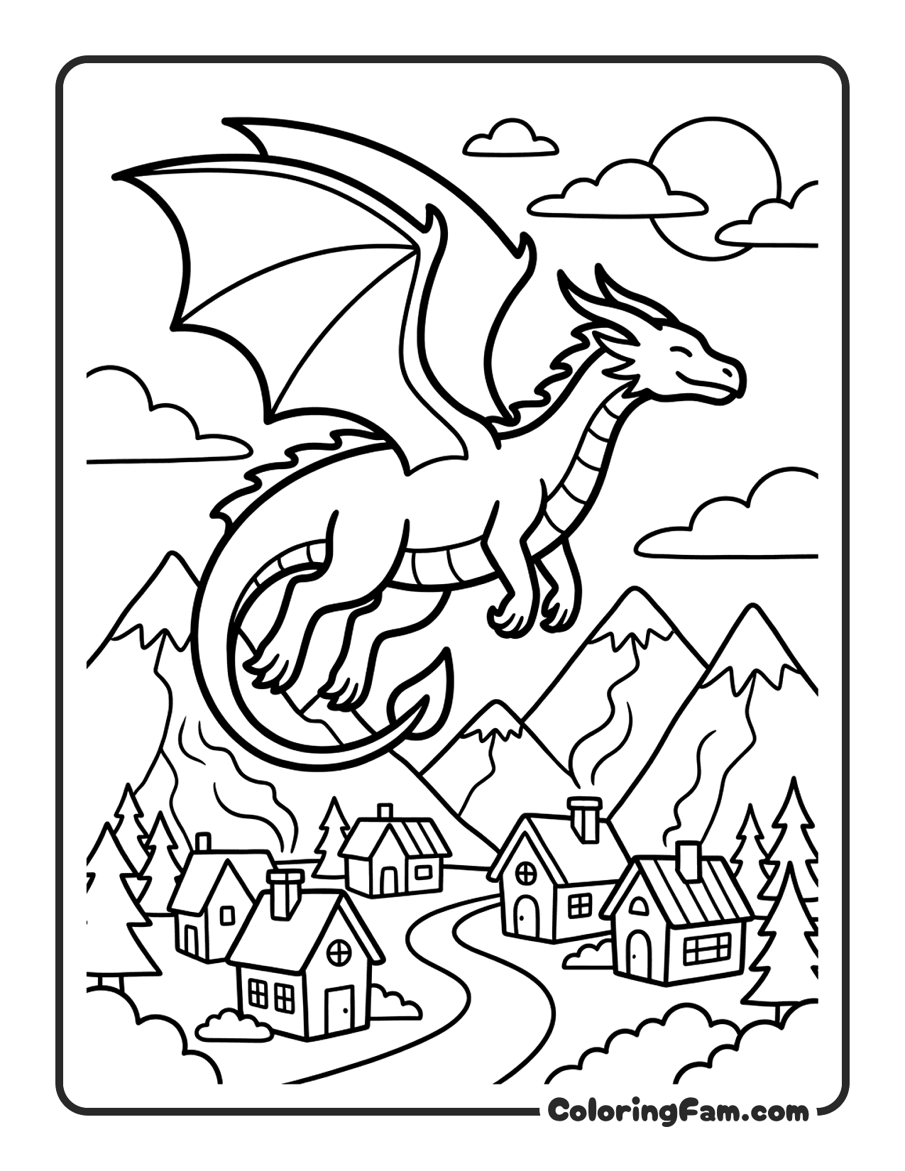 Dragon Flying Over Village coloring page