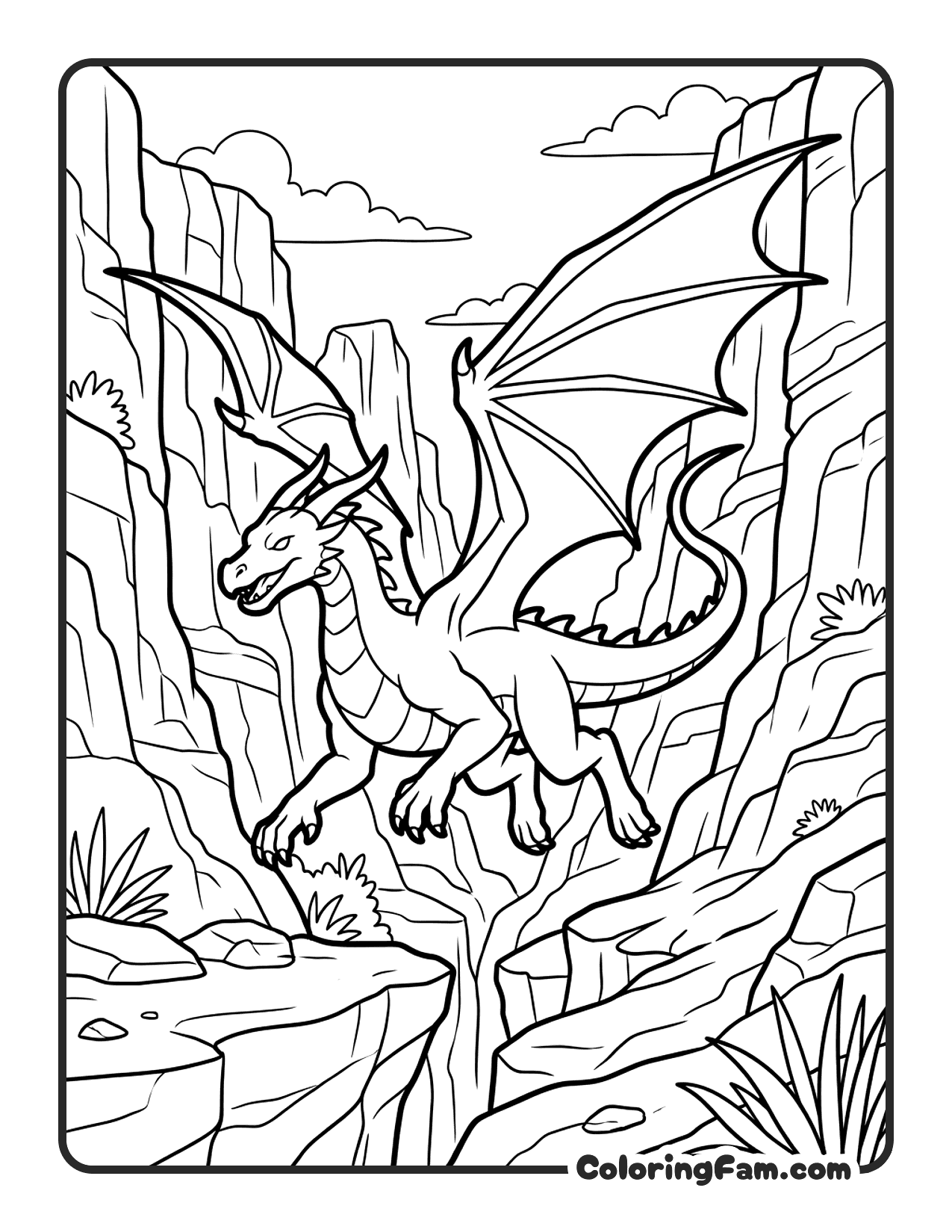 Dragon Flying Through Canyon coloring page