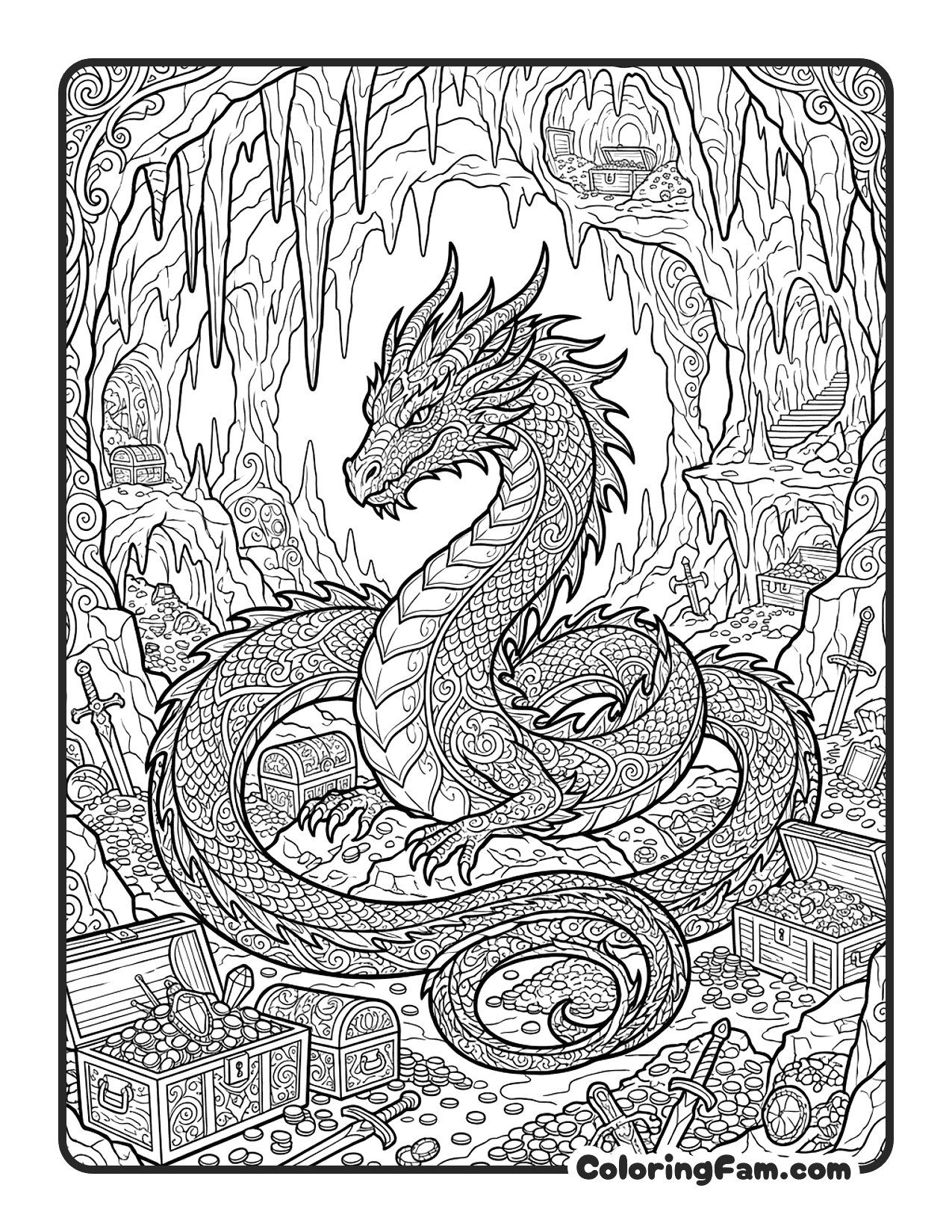 Dragon Guarding Treasure coloring page