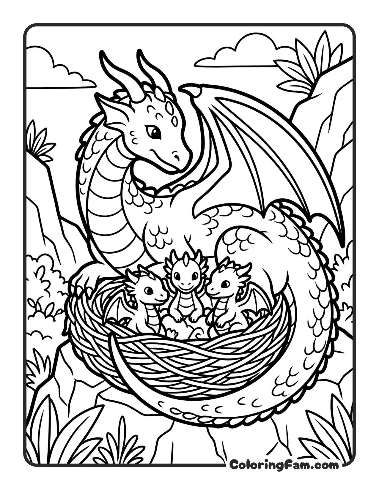 Dragon Mother With Babies coloring page