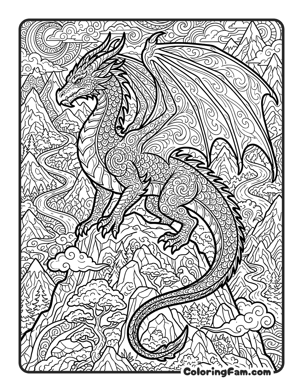 Dragon Overlooking Mountains coloring page