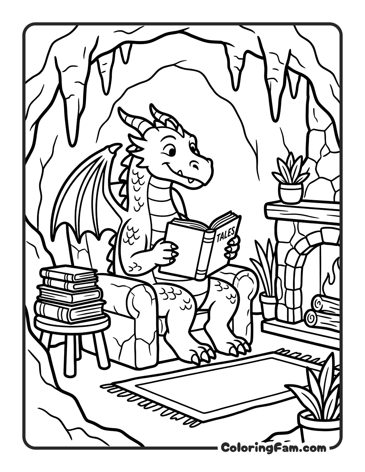 Dragon Reading Book In Cave coloring page