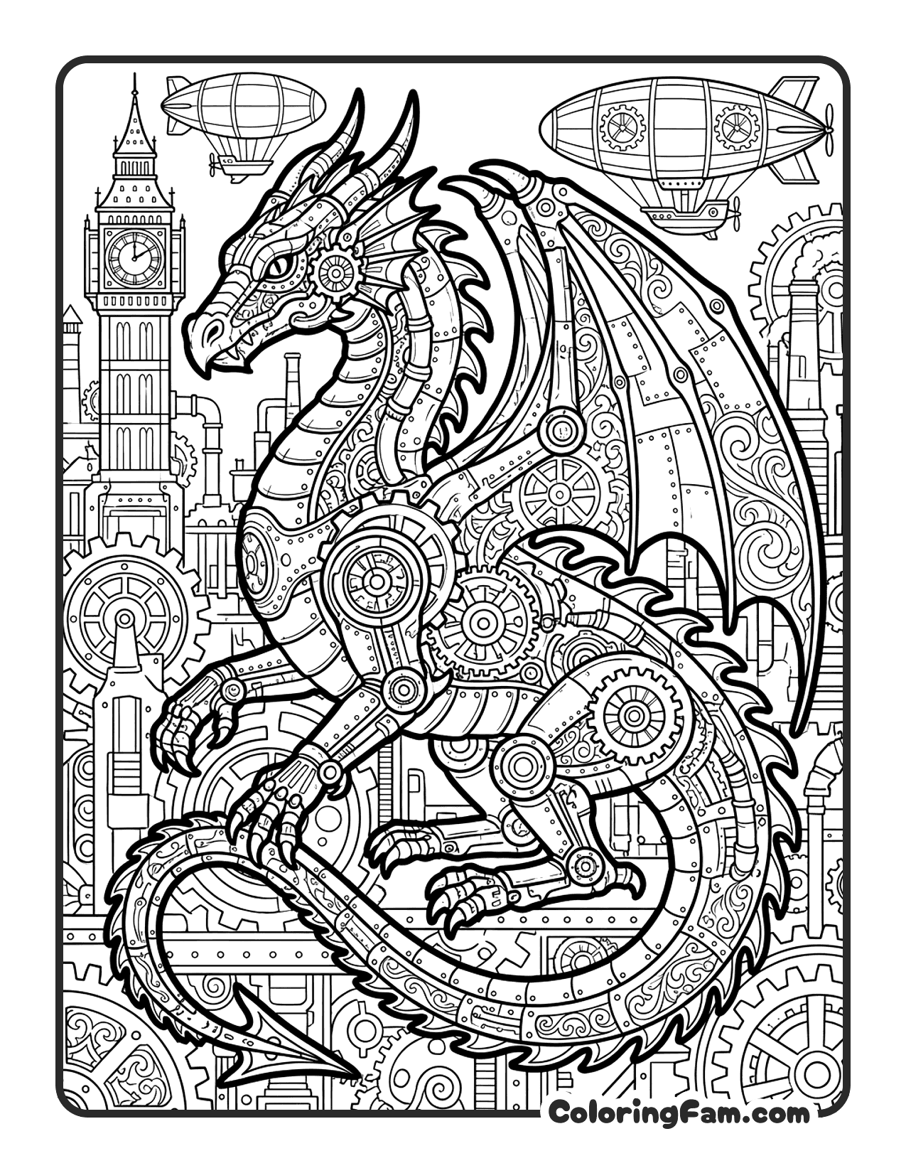 Dragon Steampunk Cityscape coloring page
