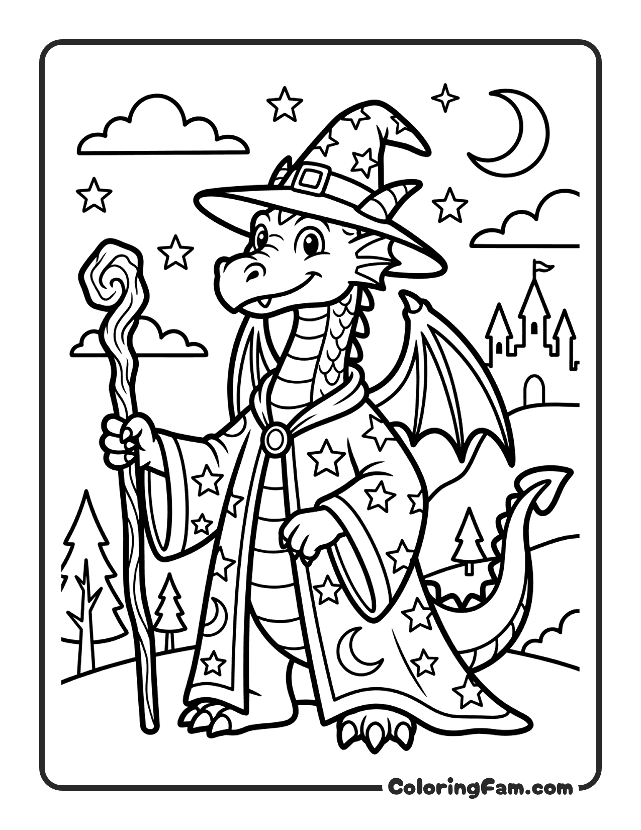 Dragon Wizard With Castle coloring page