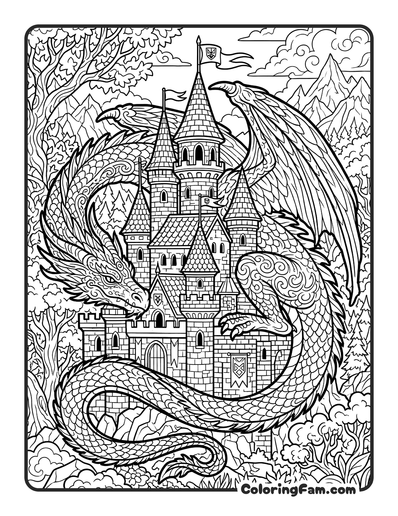 Dragon Wrapped Around Castle coloring page
