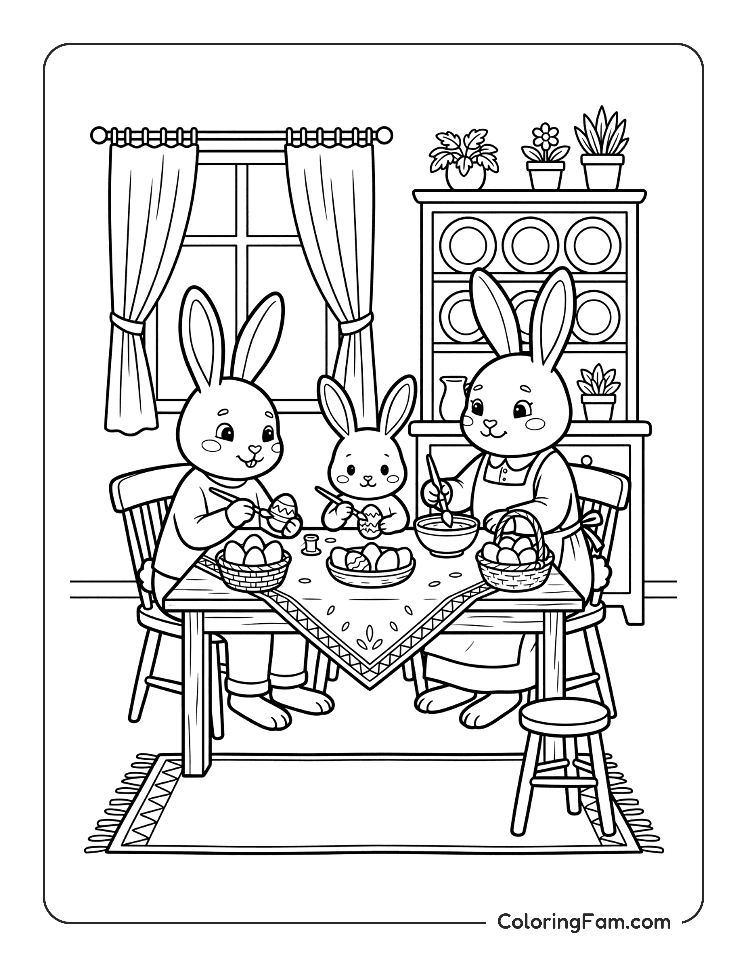 Bunny Family Decorating Eggs coloring page