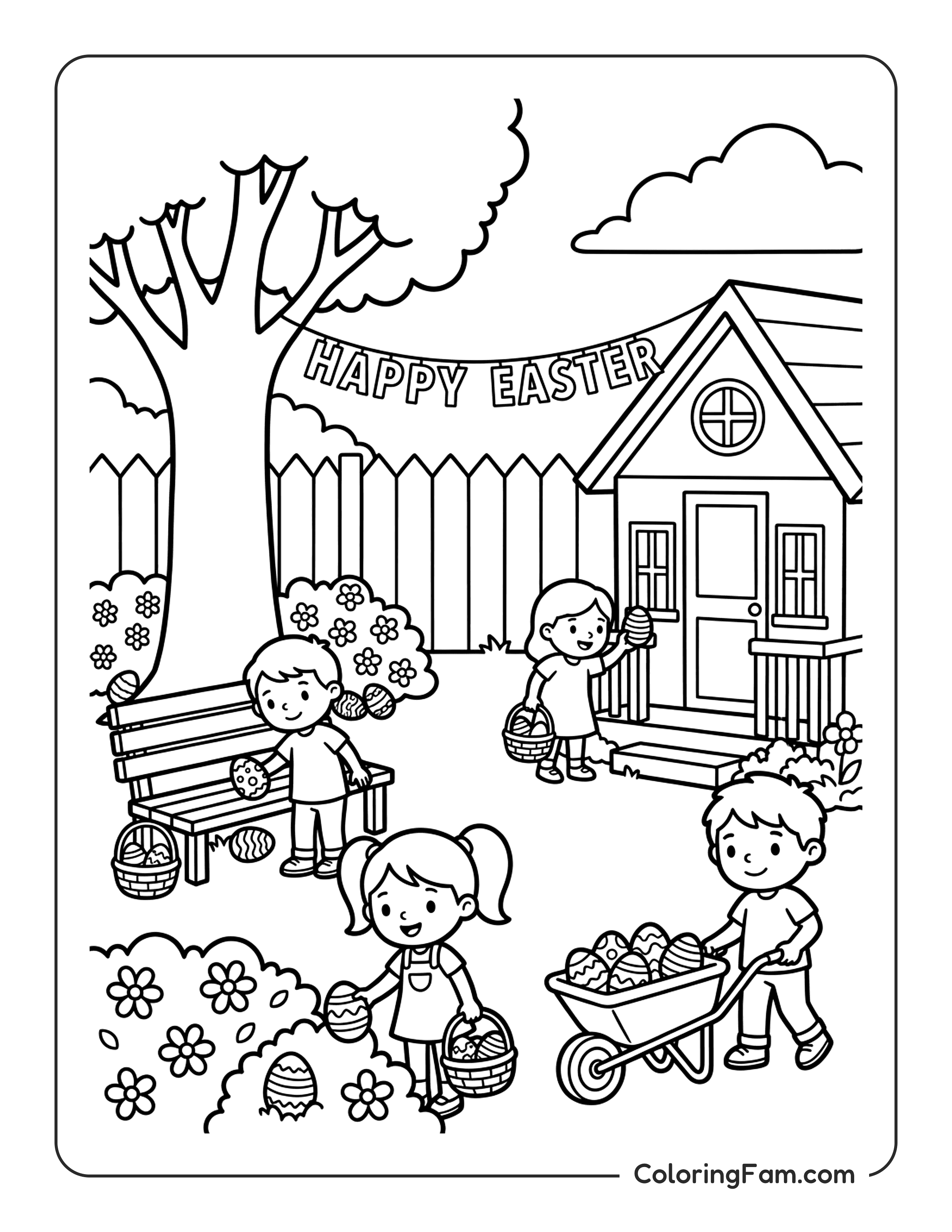 Easter Children Collecting Eggs coloring page