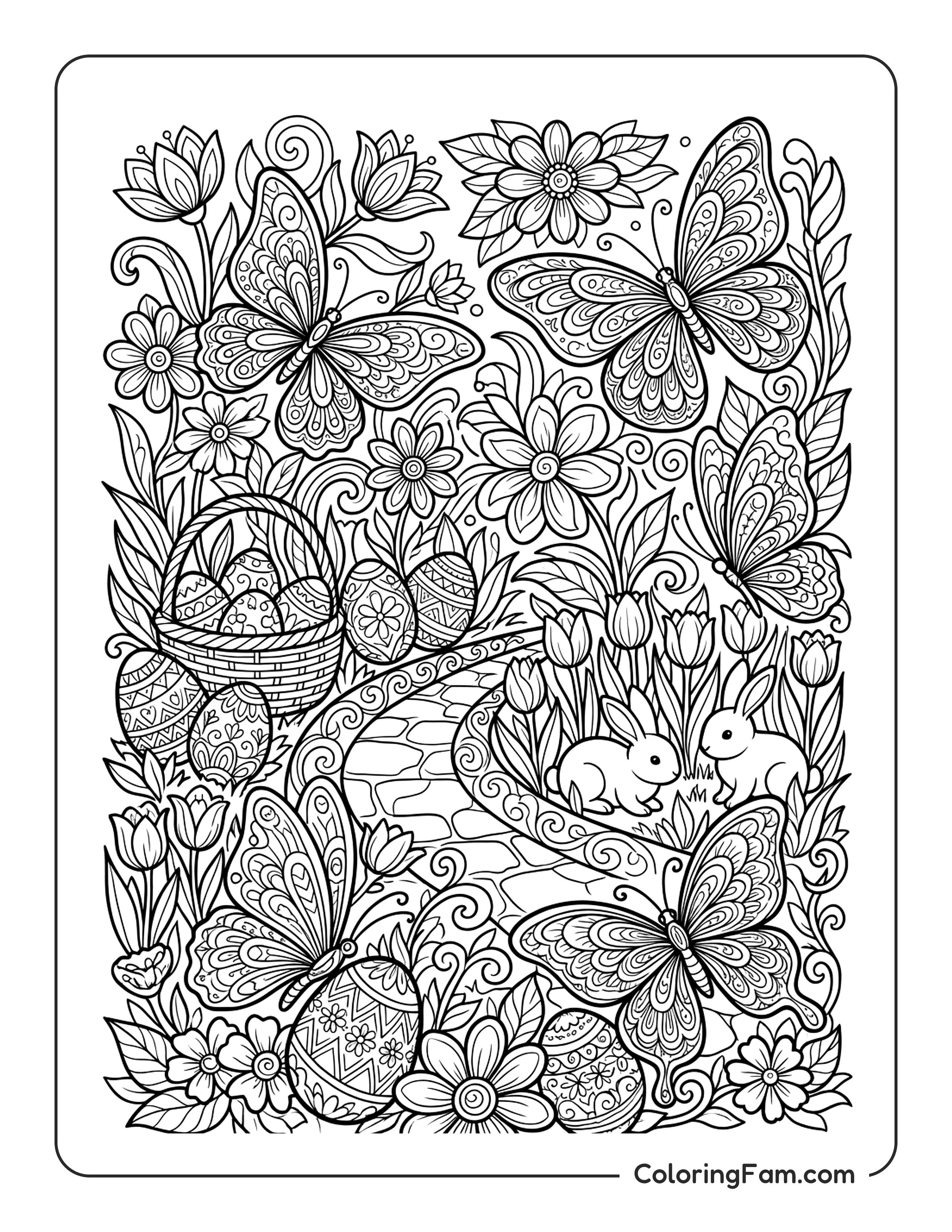 Easter Eggs Bunnies Flowers coloring page