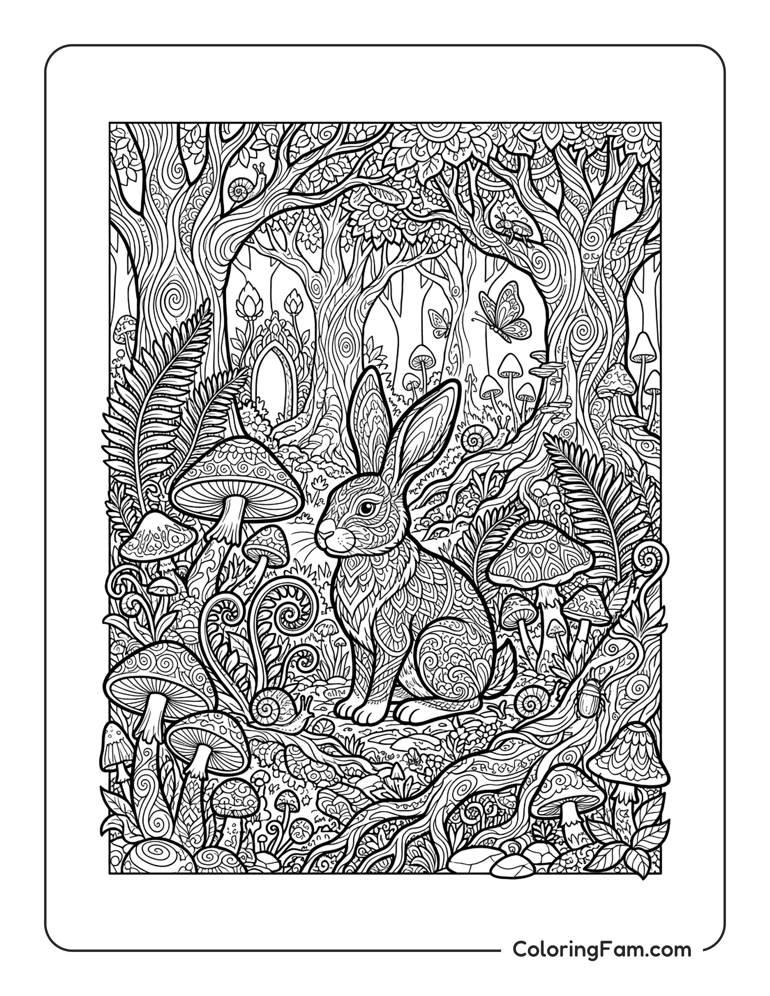 Rabbit In Forest With Mushrooms coloring page
