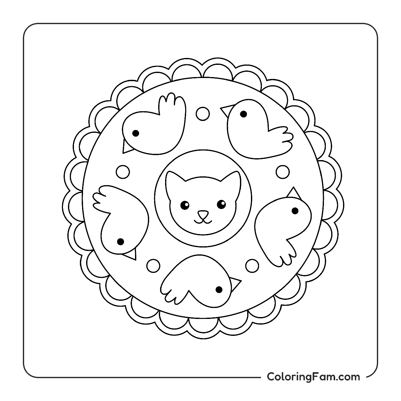 Cat And Birds Round Frame coloring page