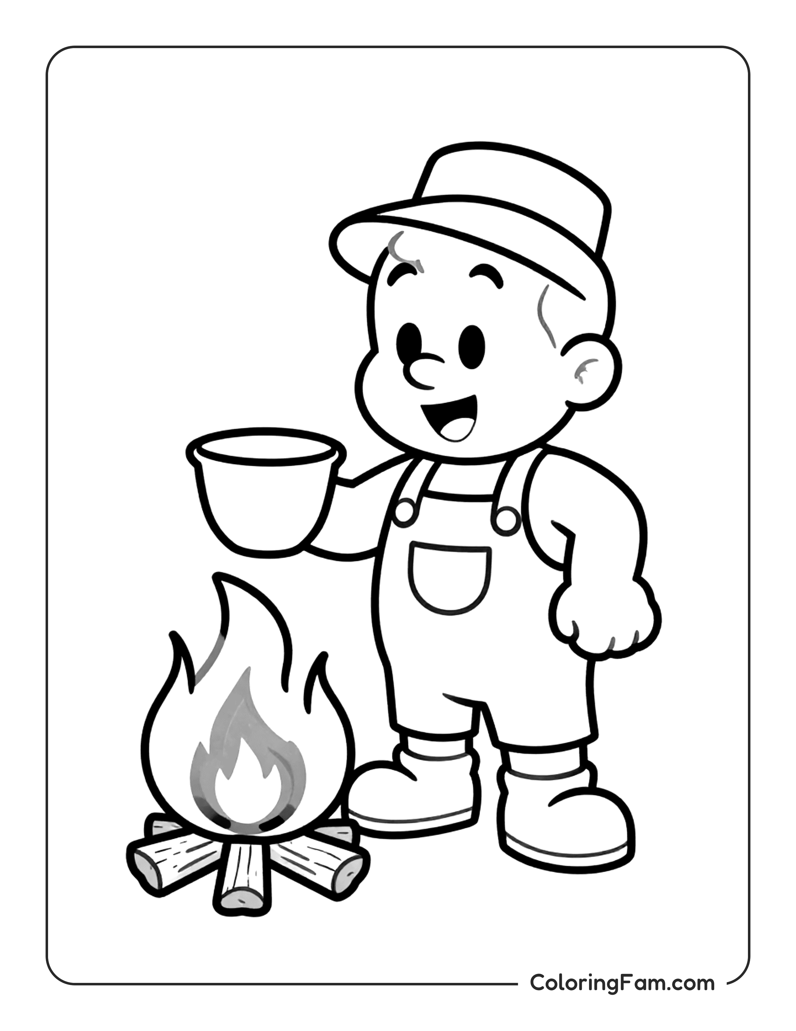 Boy Cooking Over Campfire coloring page