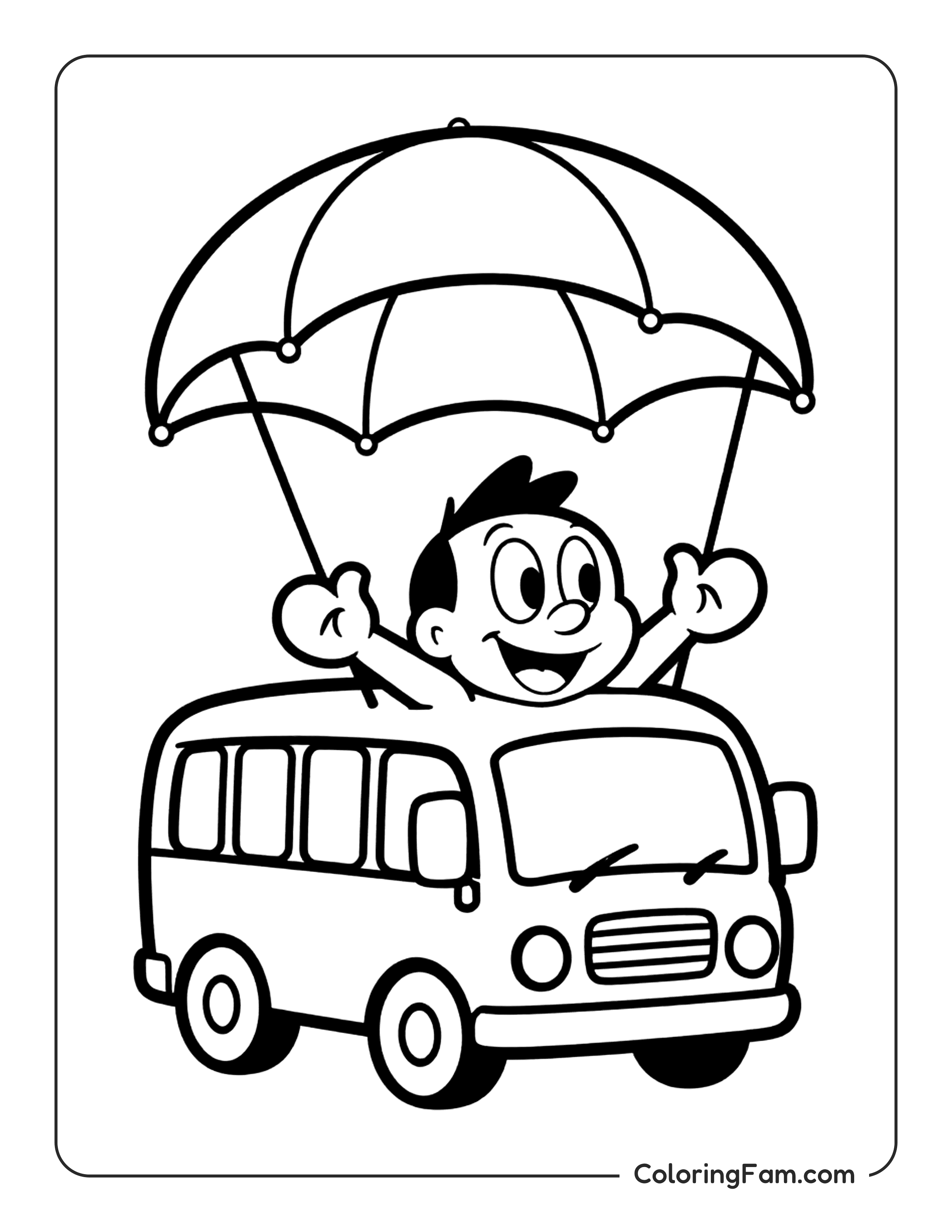 Boy Riding Bus Under Umbrella coloring page