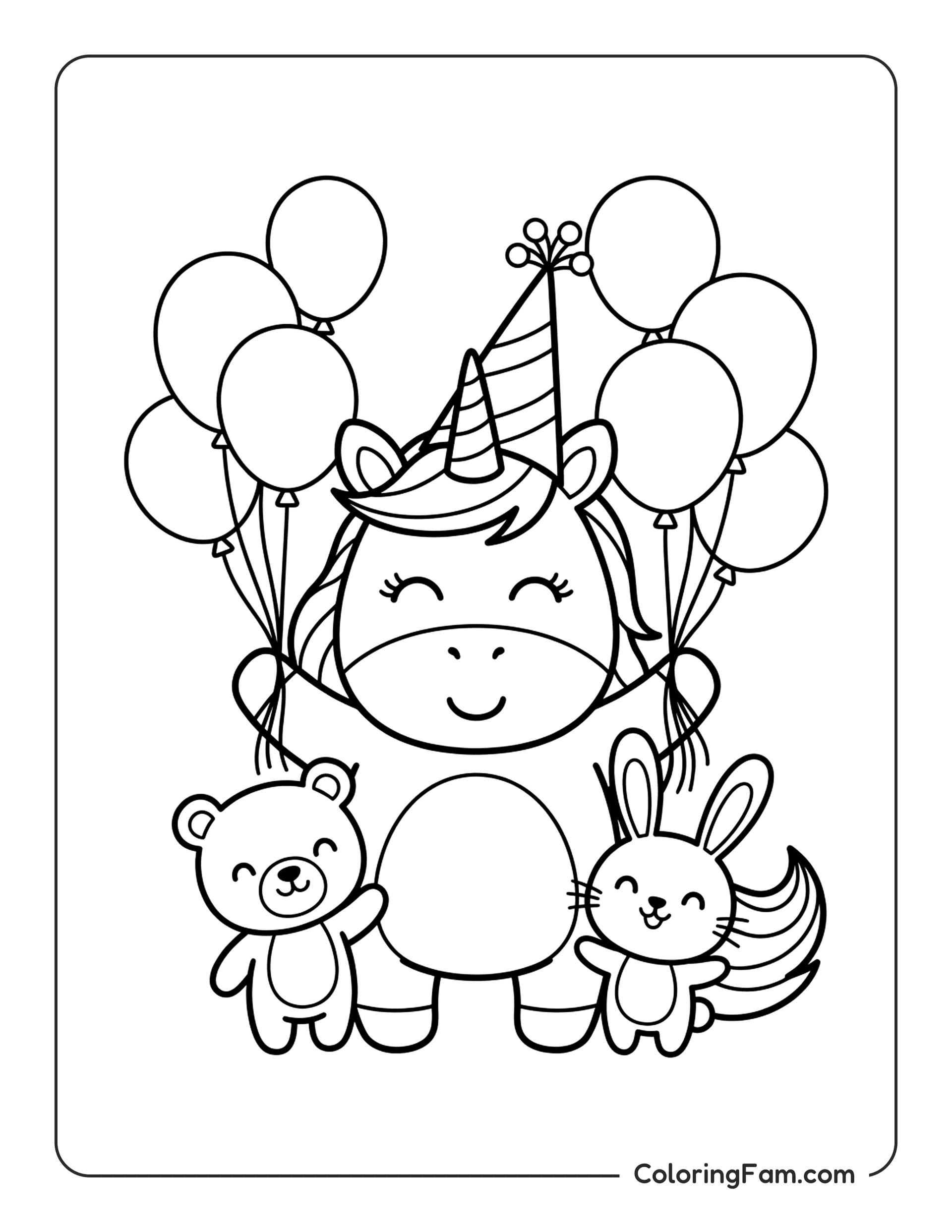 Unicorn Wearing A Colorful Birthday Party Hat With Balloons coloring page