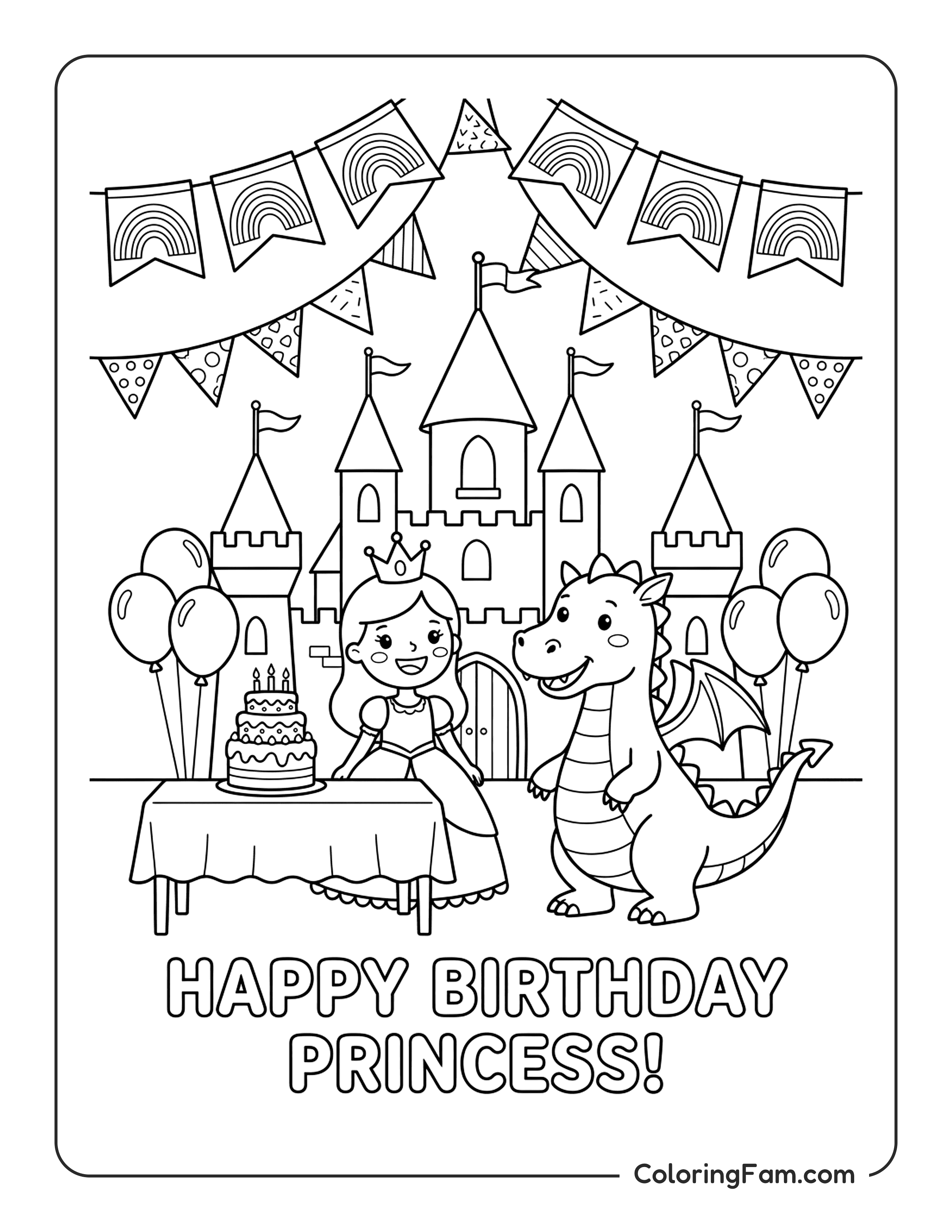 Princess Castle Birthday Scene With Rainbow Flags And Buntin coloring page