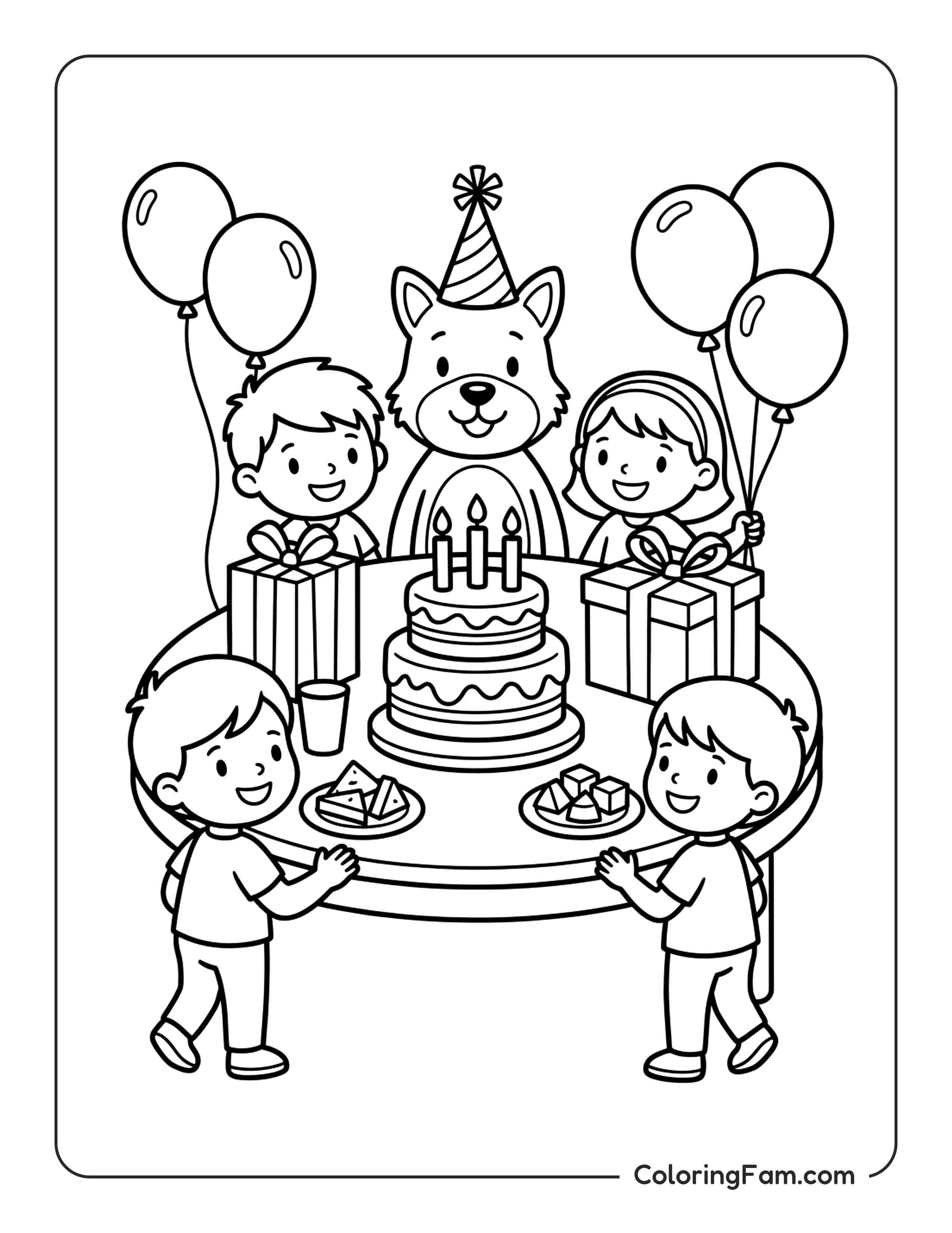 Kids Playing Around A Birthday Party Table With A Big Cake coloring page