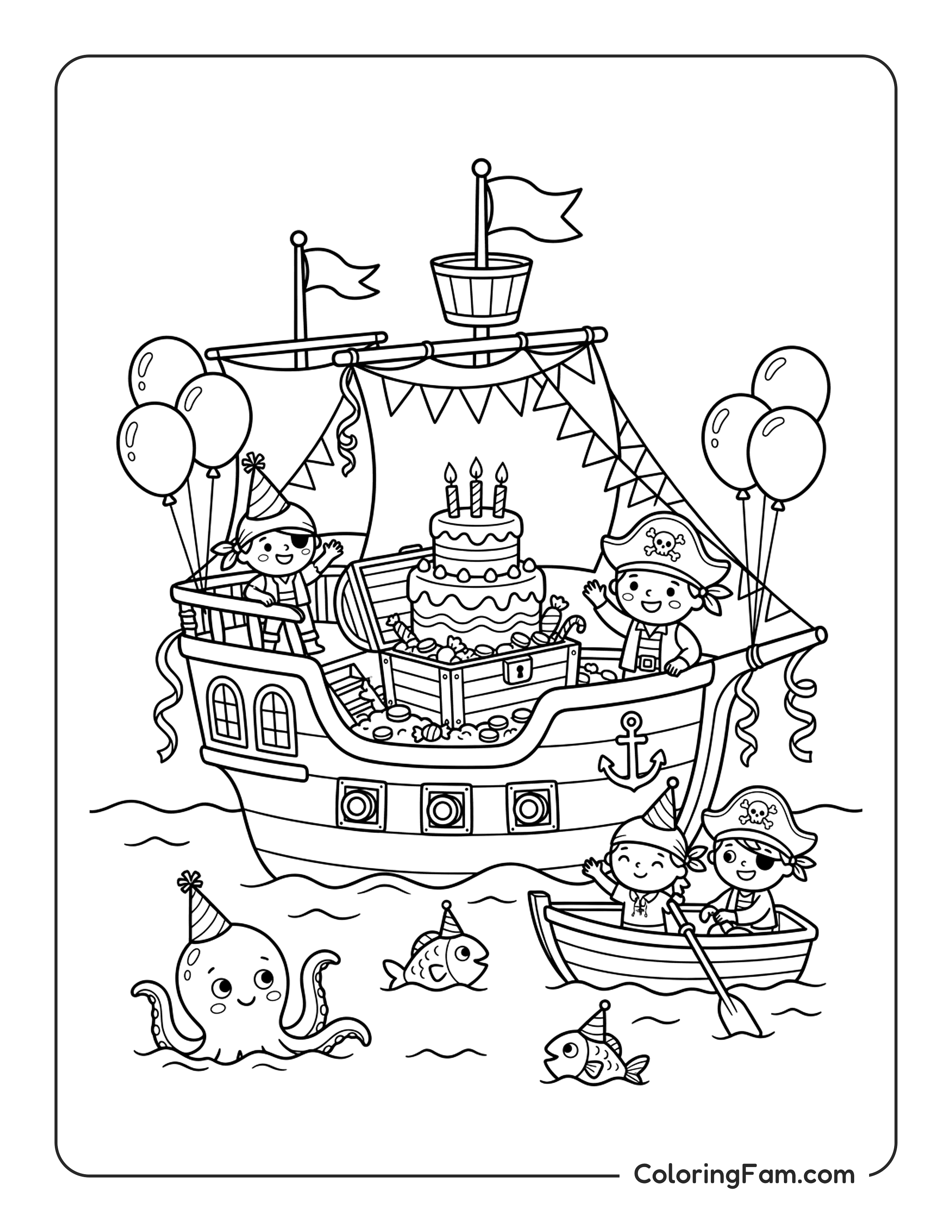 Pirate Ship Decorated For A Birthday Party With Cake Treasur coloring page