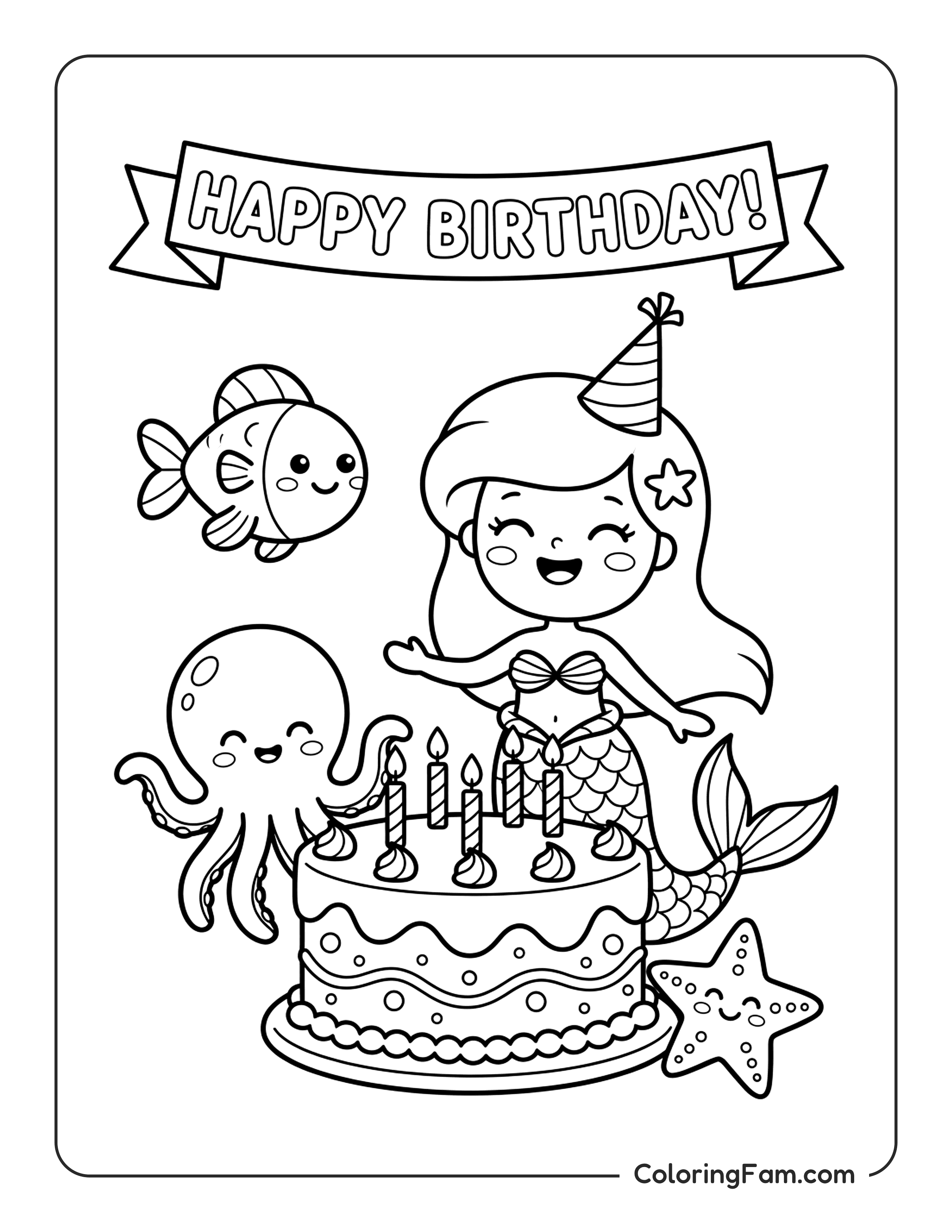 Mermaid Birthday Party With An Underwater Cake And Sea Frien coloring page