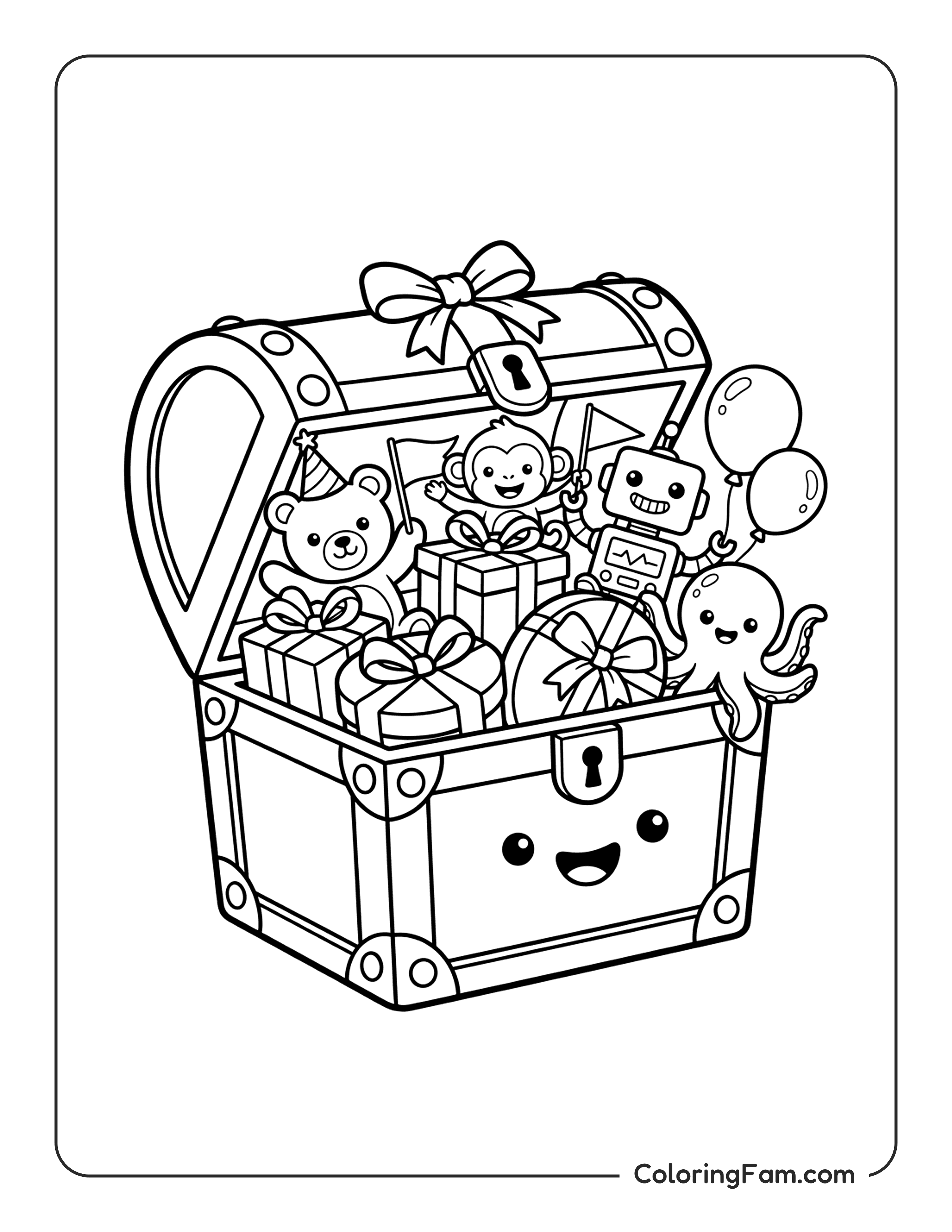 Birthday Treasure Chest Overflowing With Wrapped Gifts And R coloring page
