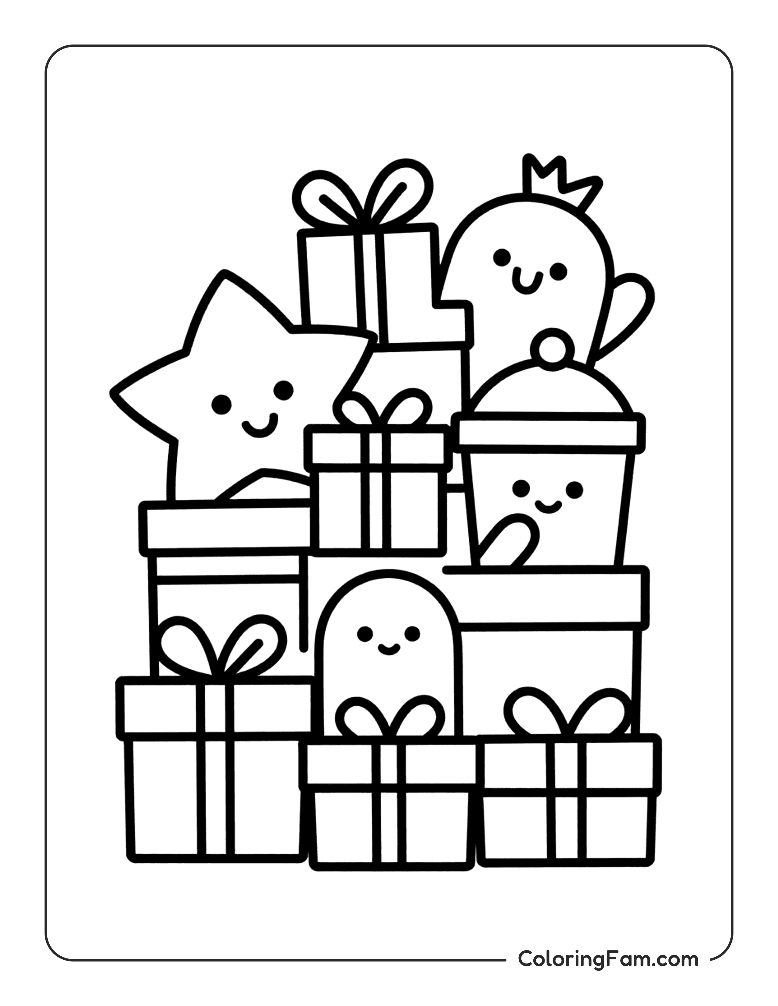 Gifts Stacked With Characters coloring page