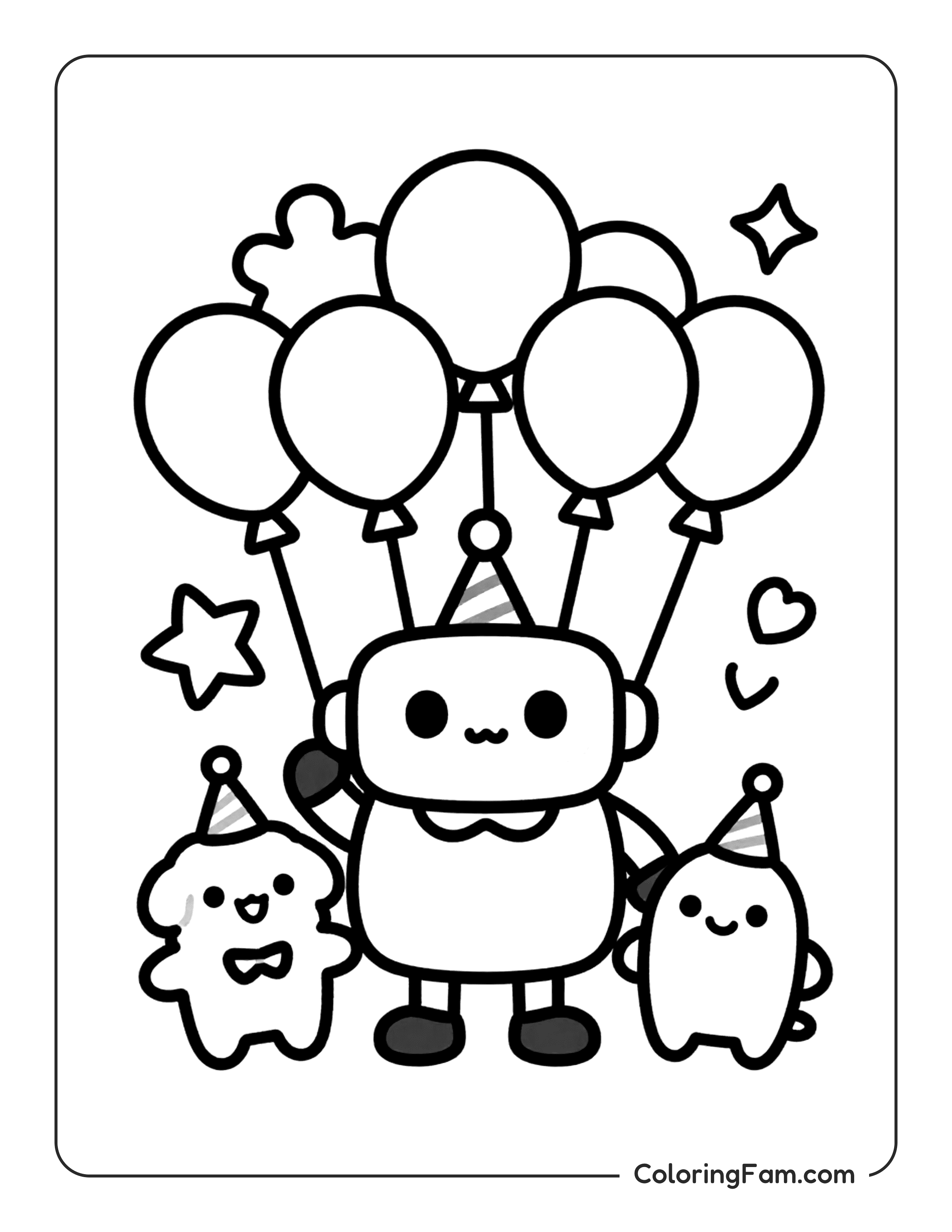 Robot With Balloons And Party Hat coloring page