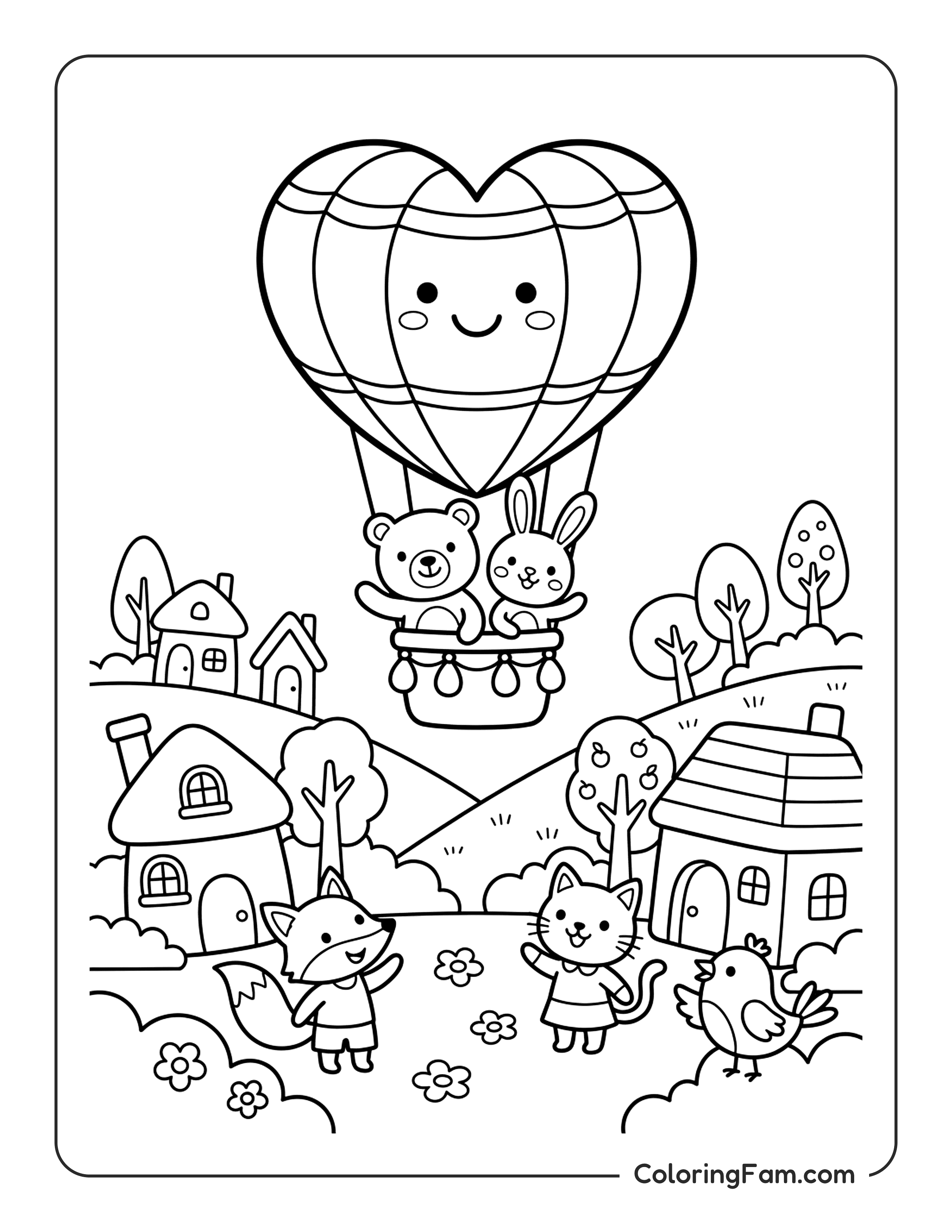 Animals In Balloon Over Town coloring page