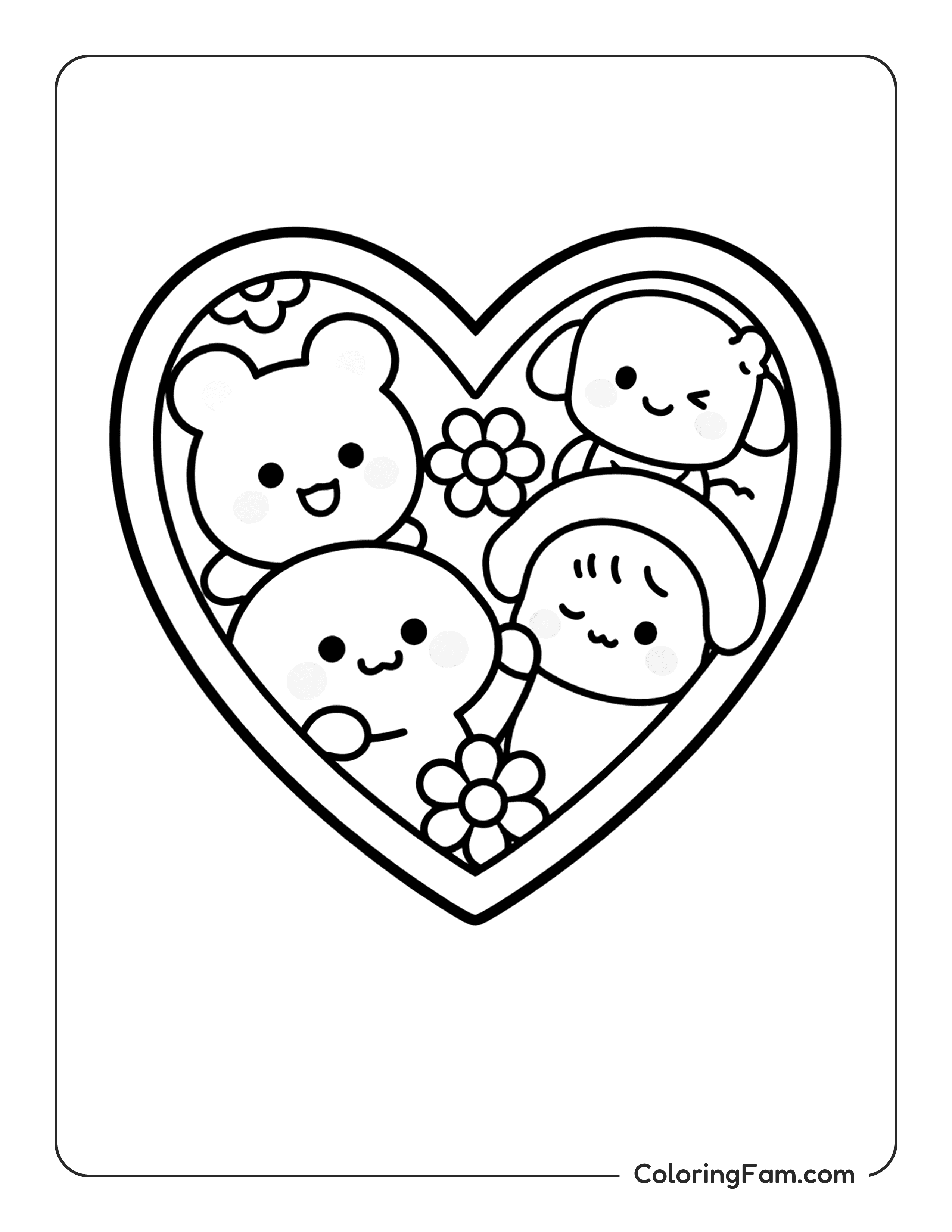 Animals In Heart With Flowers coloring page