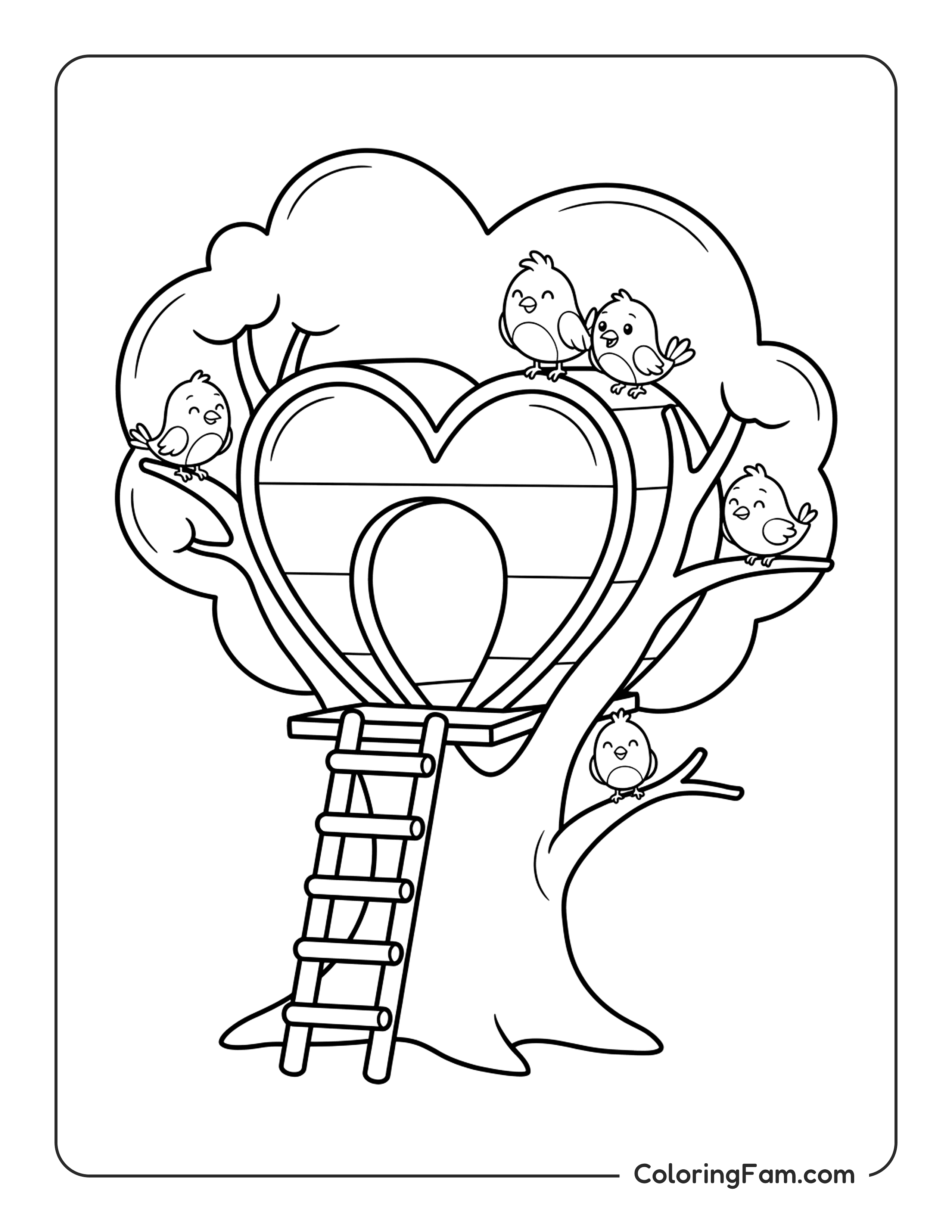 Bird In Heart Shaped Treehouse coloring page