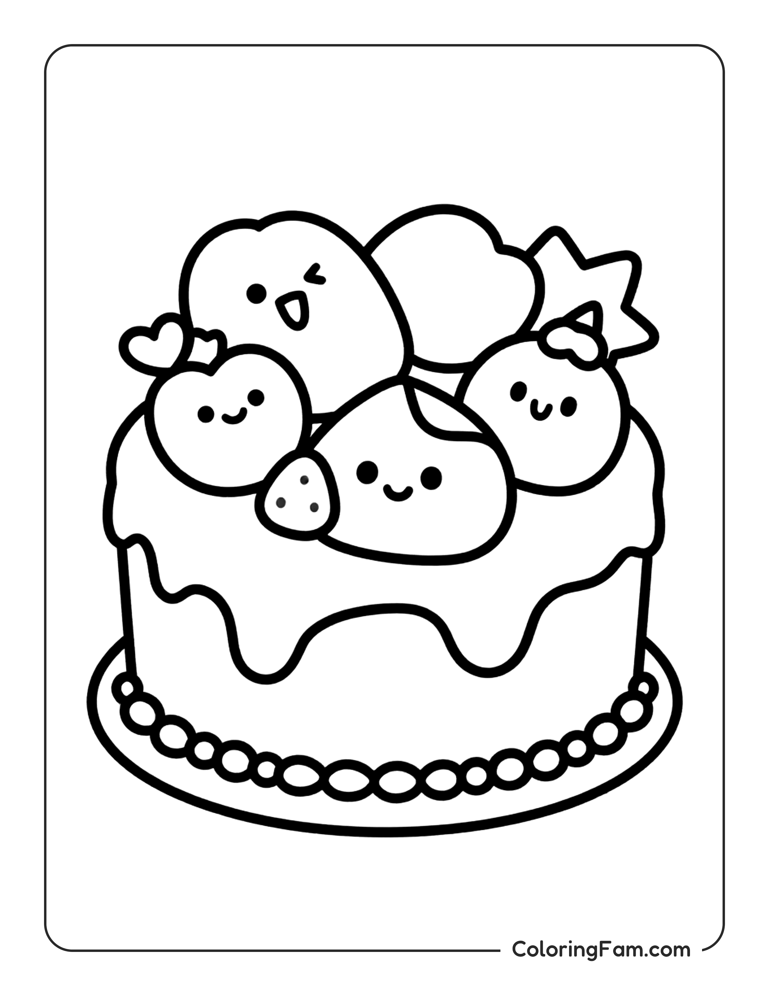 Cake With Kawaii Characters coloring page