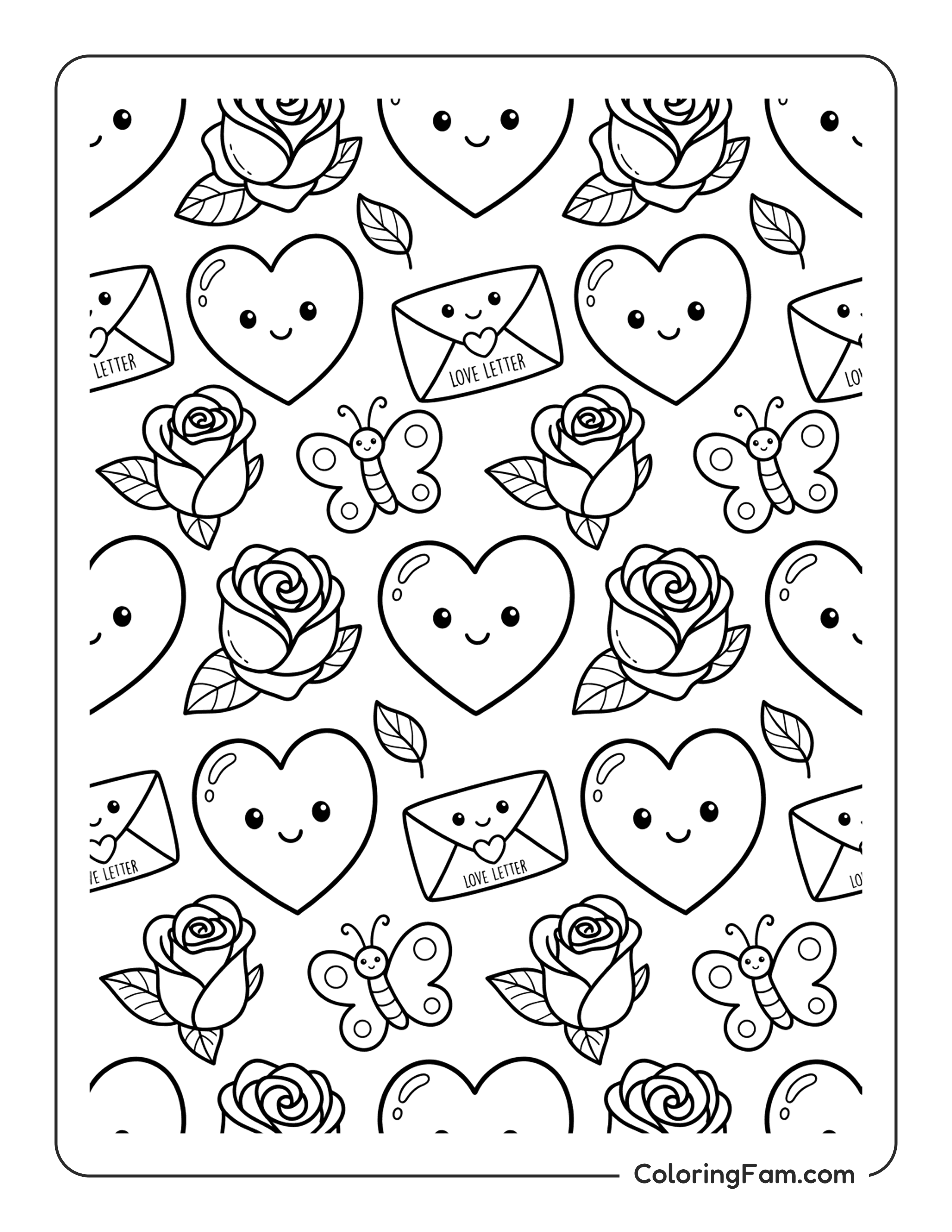 Heart Rose Butterfly Pattern coloring page