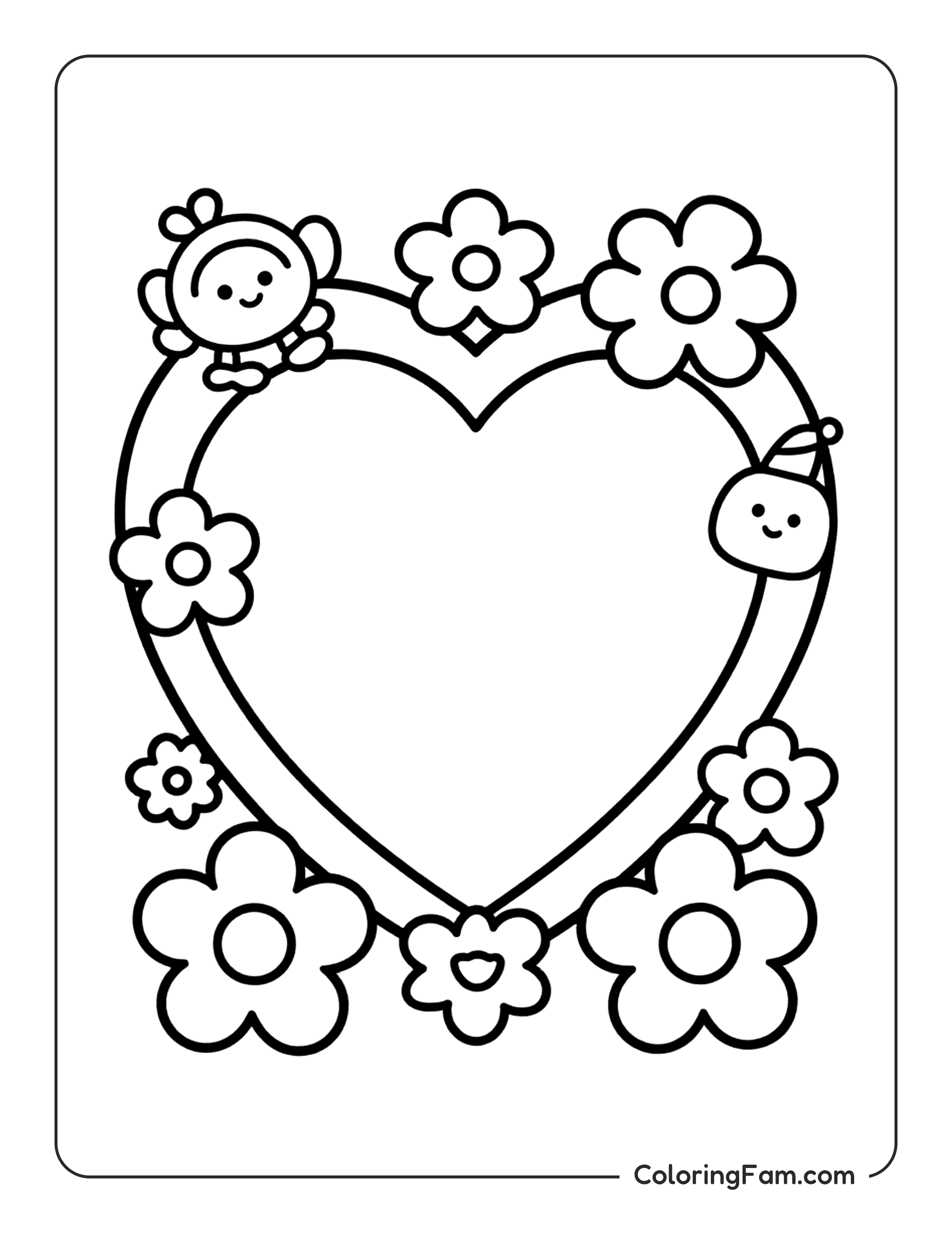 Heart With Flowers And Characters coloring page