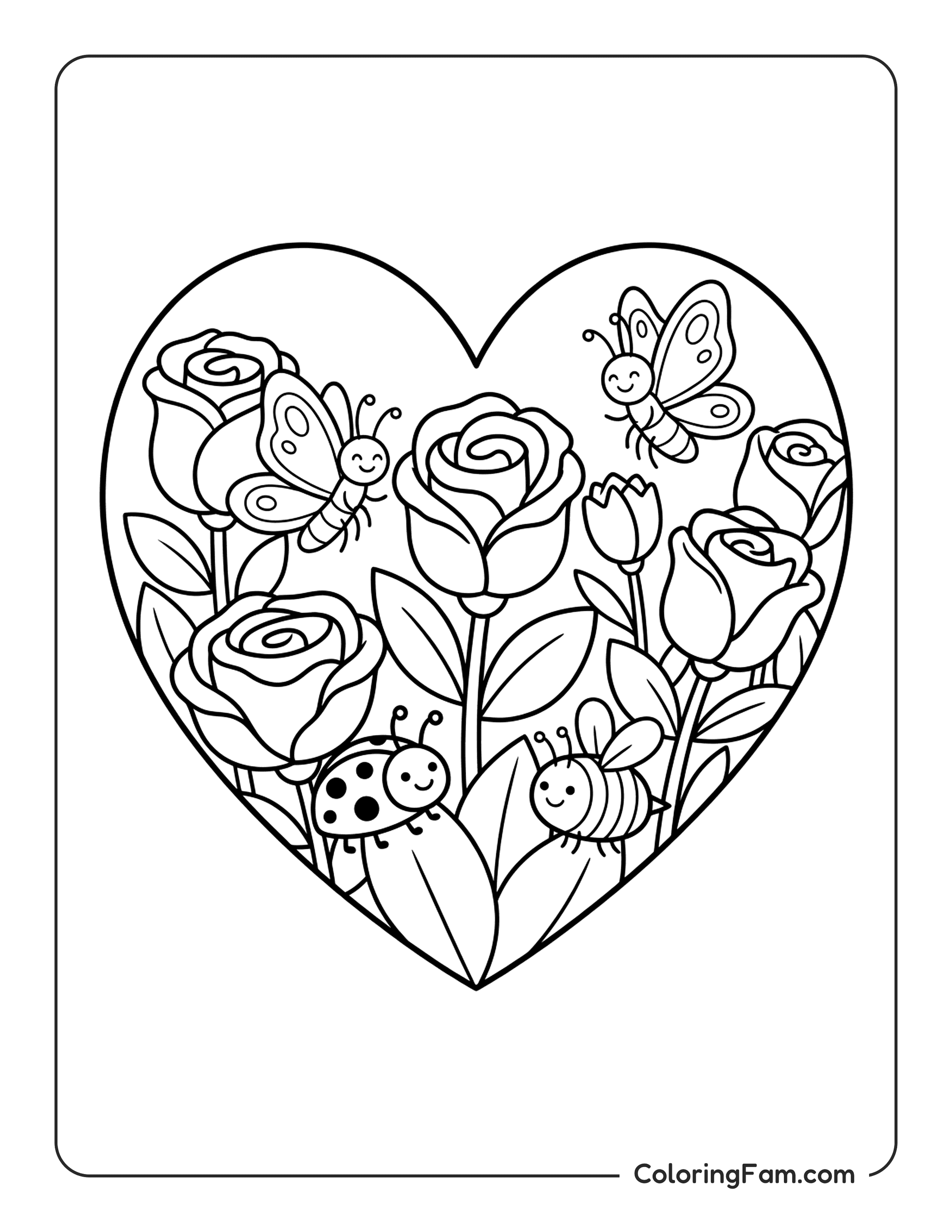 Heart With Roses Butterflies coloring page