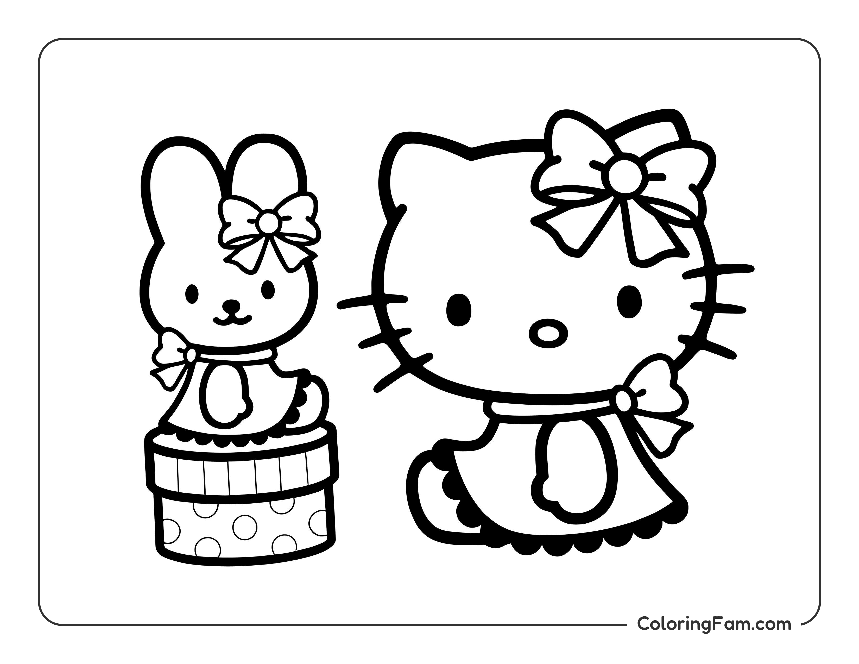 Hello Kitty and bunny in dress coloring page
