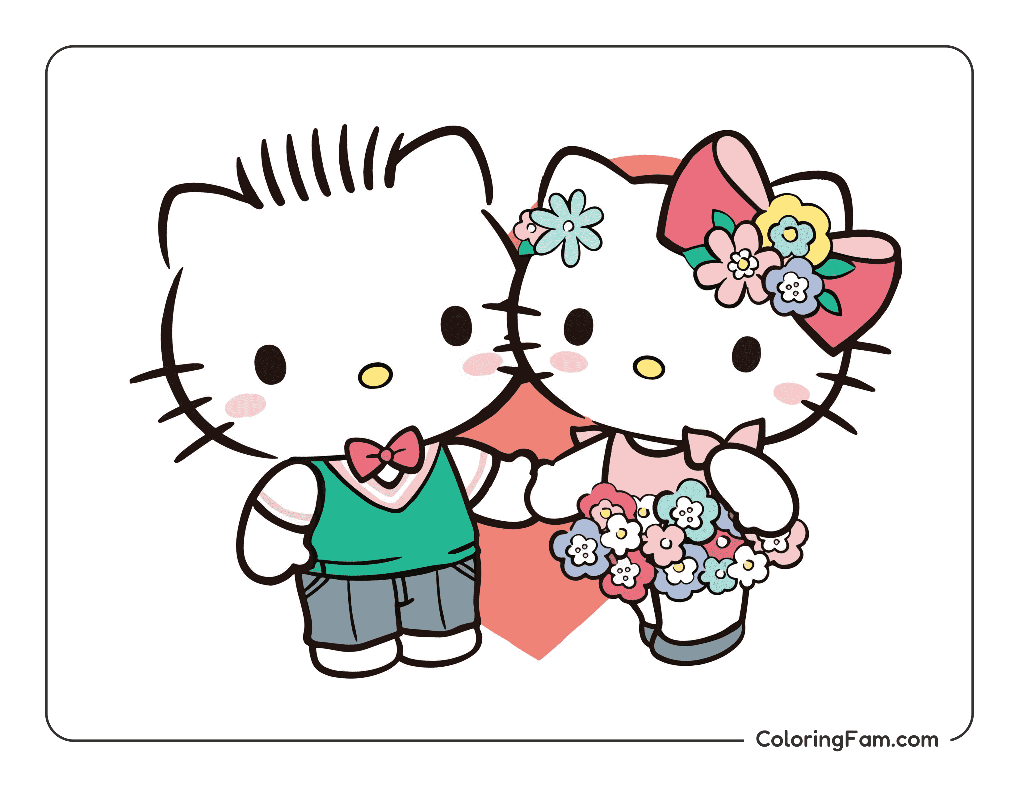 Hello Kitty couple holding flowers colored coloring page