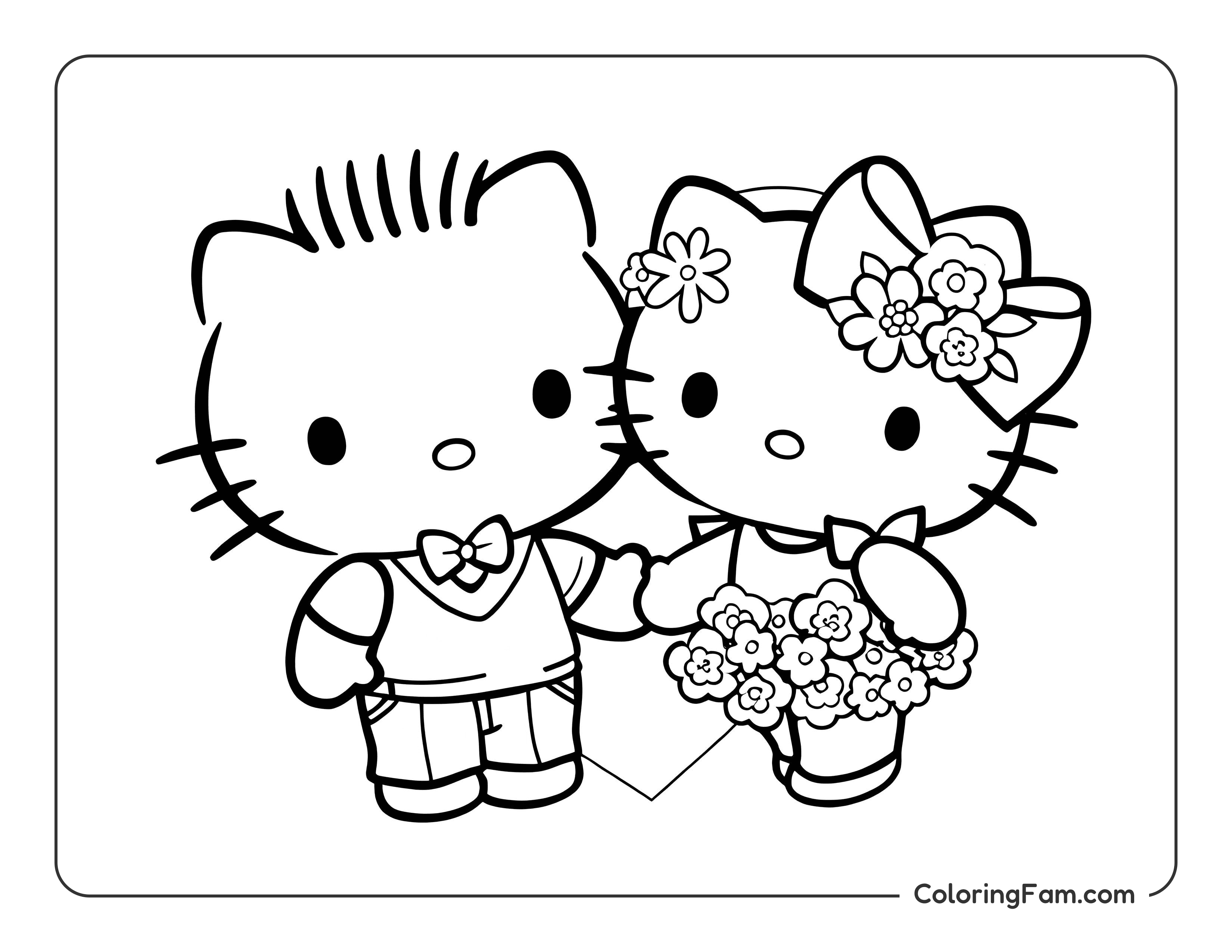 Hello Kitty couple holding flowers coloring page