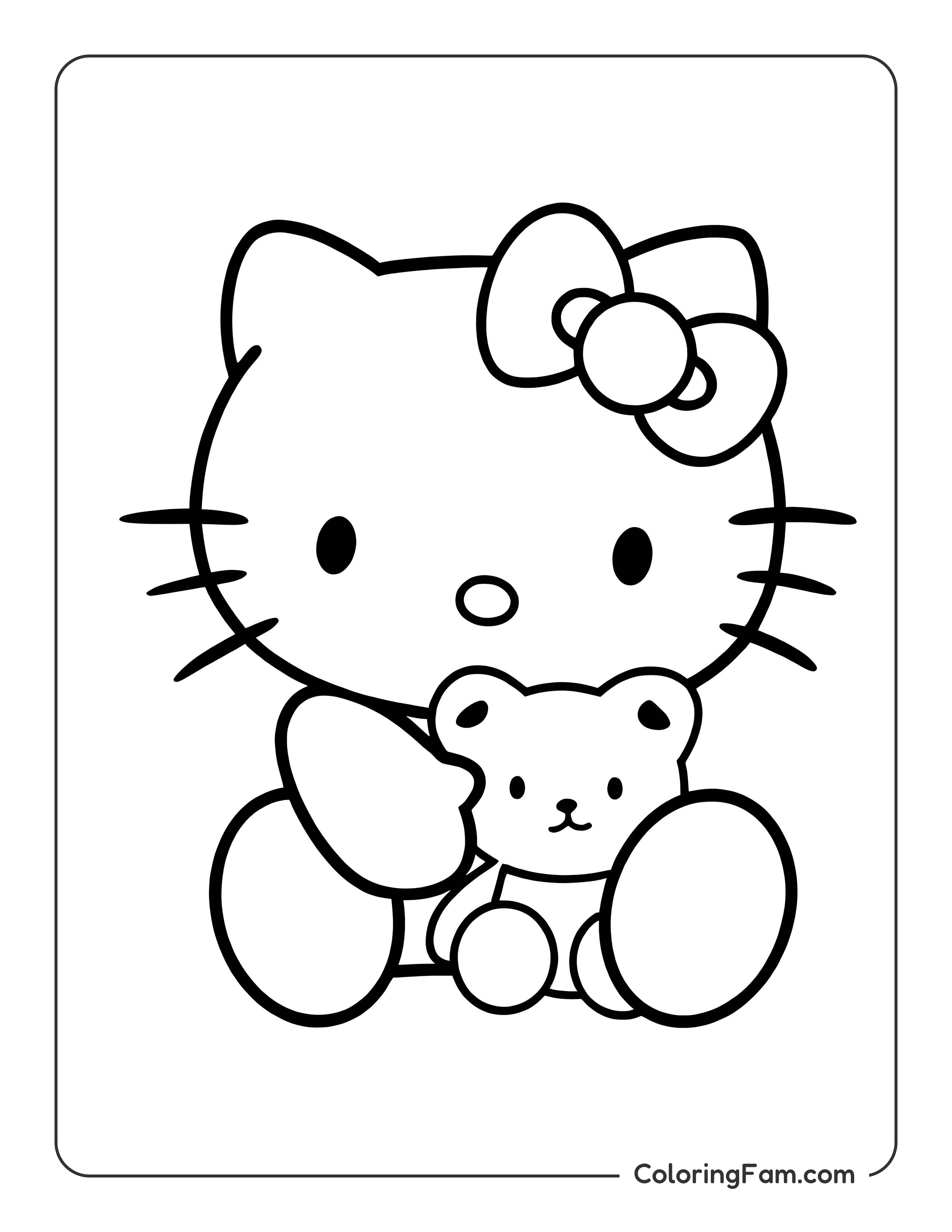 Hello Kitty holding teddy bear coloring page