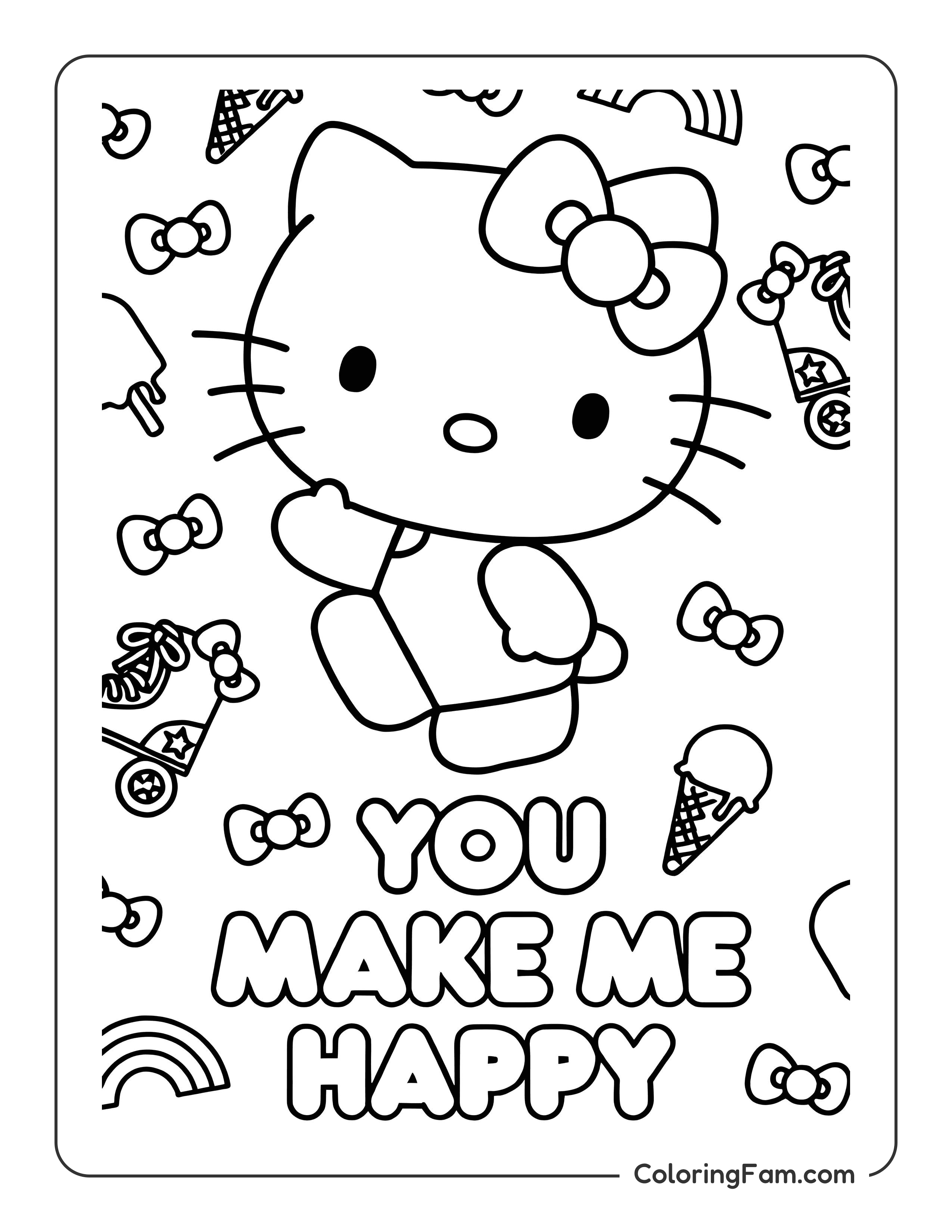 Hello Kitty makes you happy coloring page