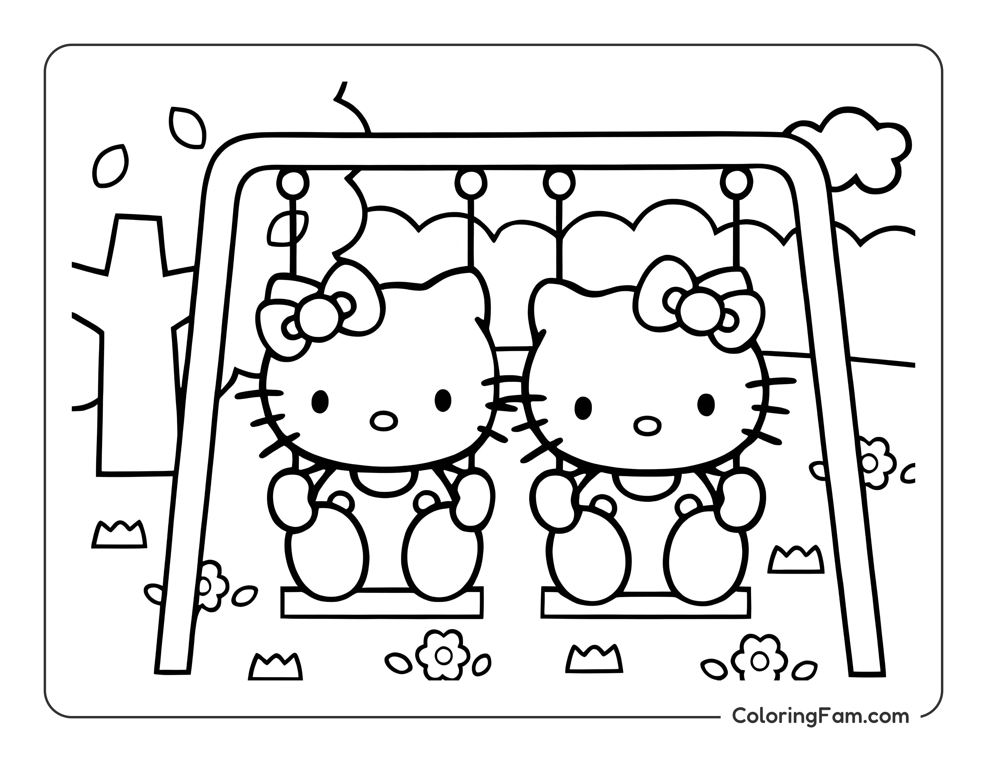 Hello Kitty on swing coloring page