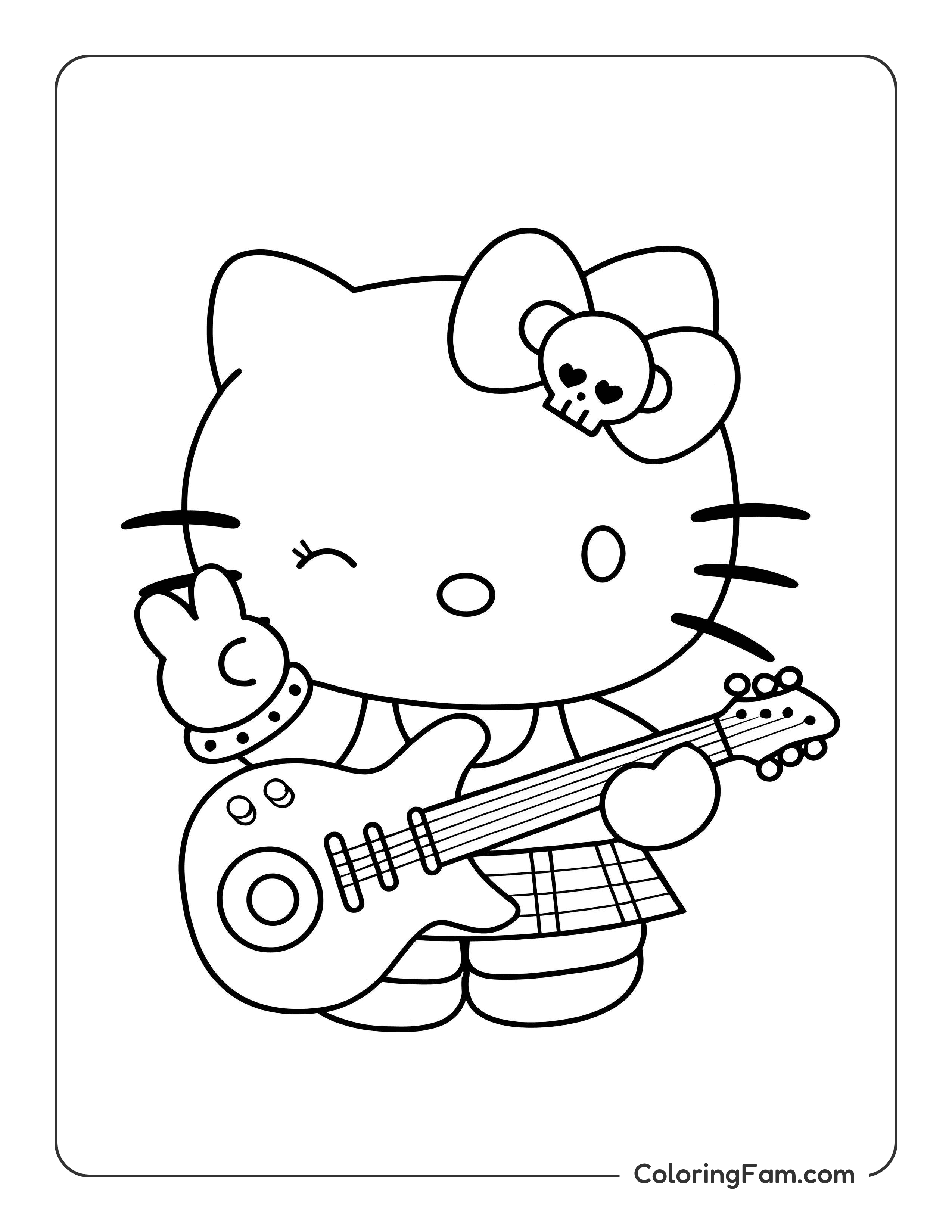 Hello Kitty playing guitar coloring page