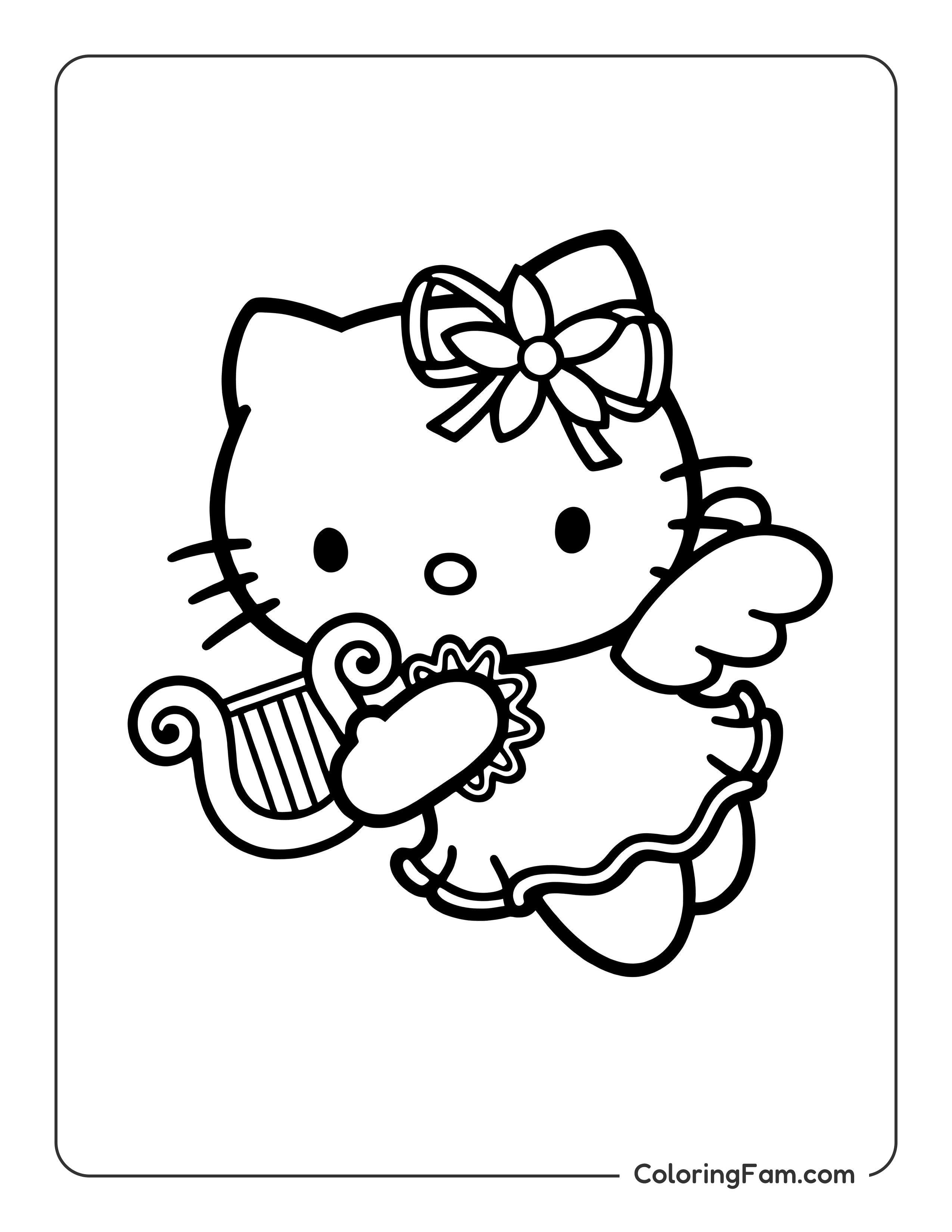 Hello Kitty playing harp coloring page