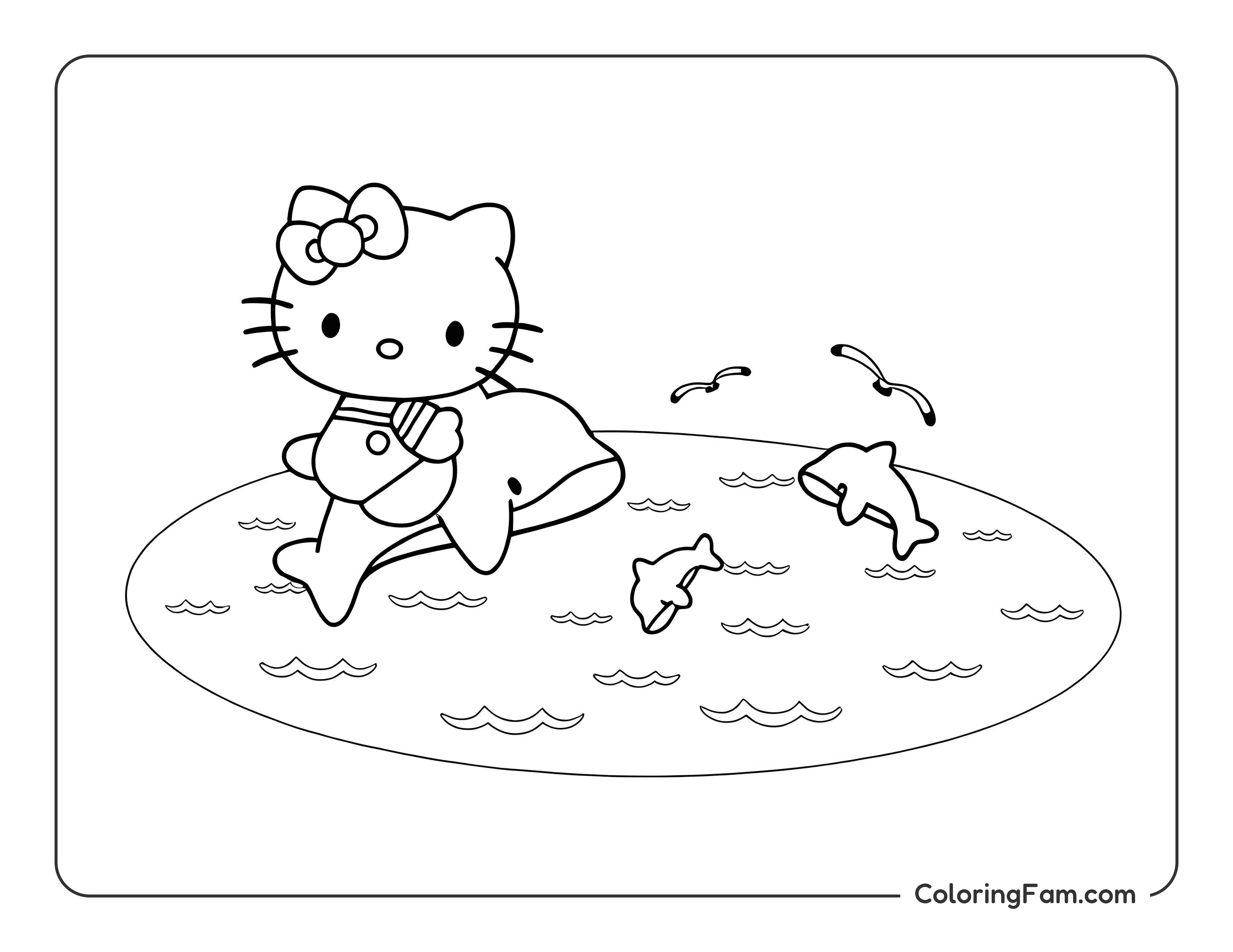 Hello Kitty playing with dolphins coloring page