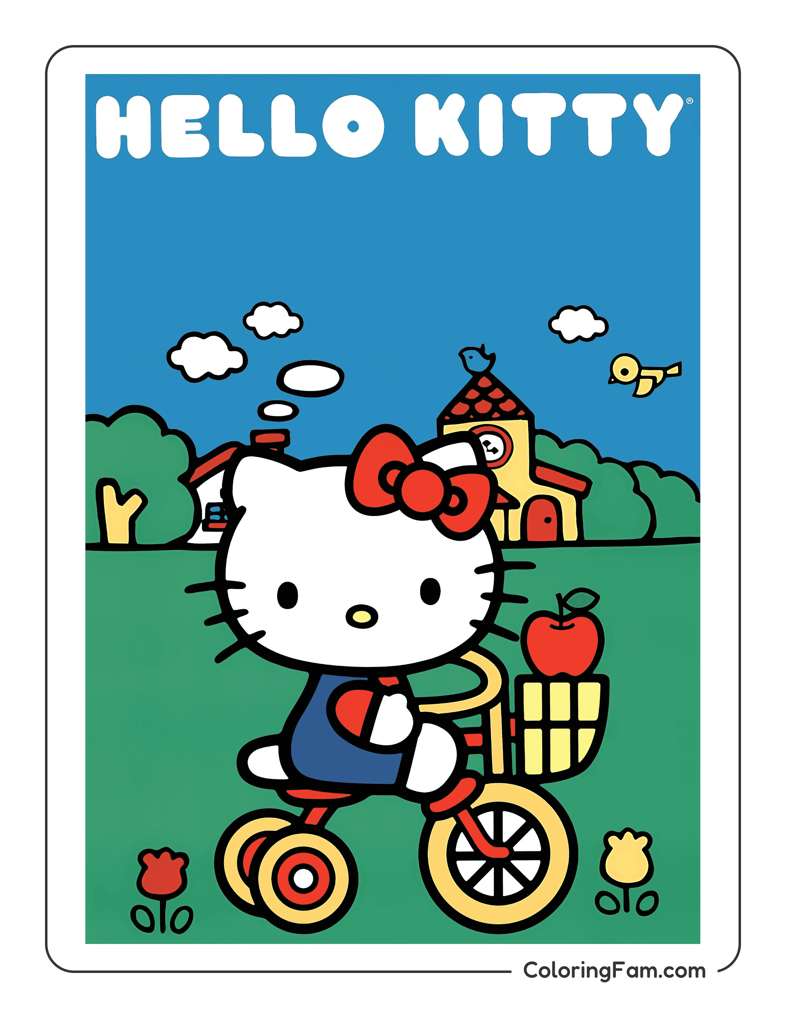 Hello Kitty riding bike in spring colored coloring page