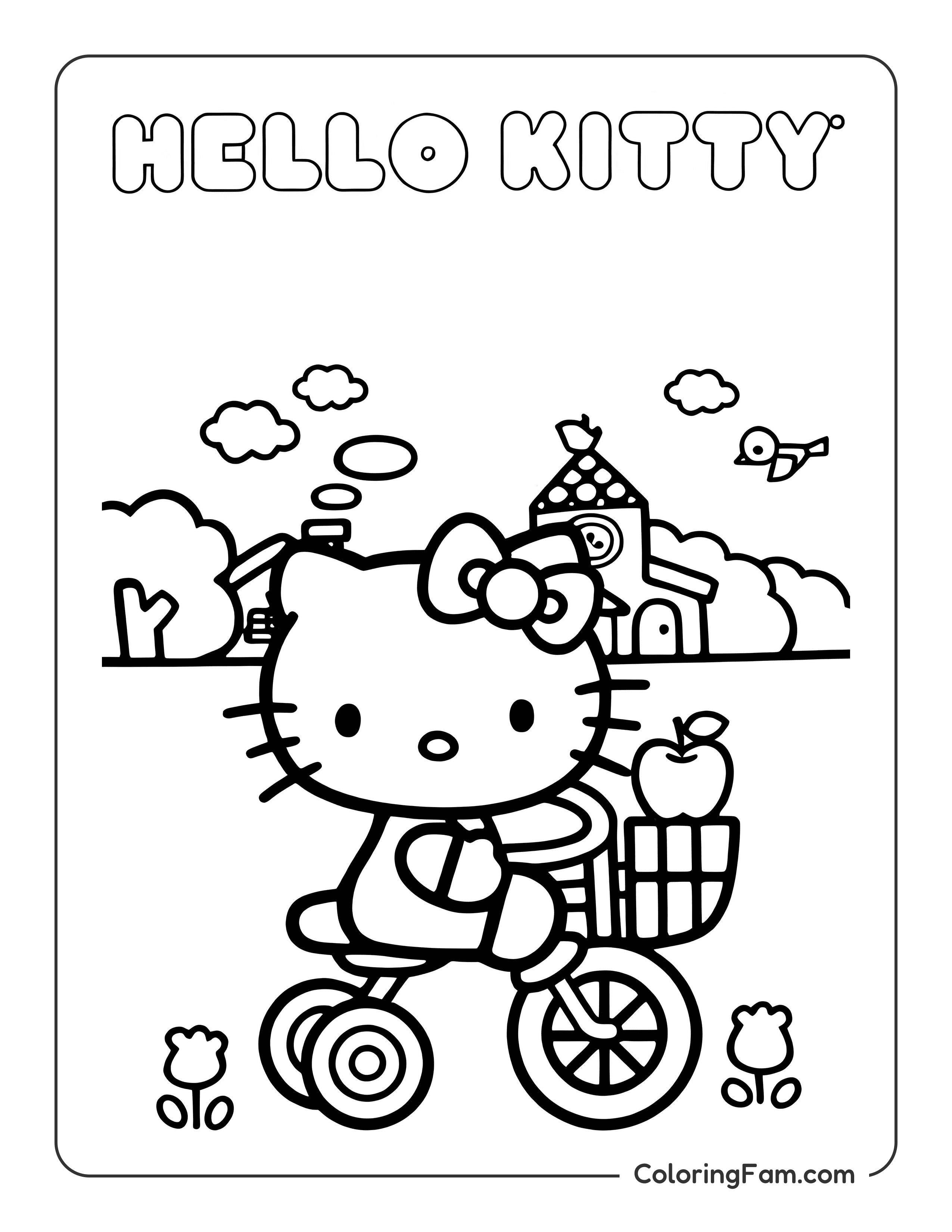 Hello Kitty riding bike in spring coloring page