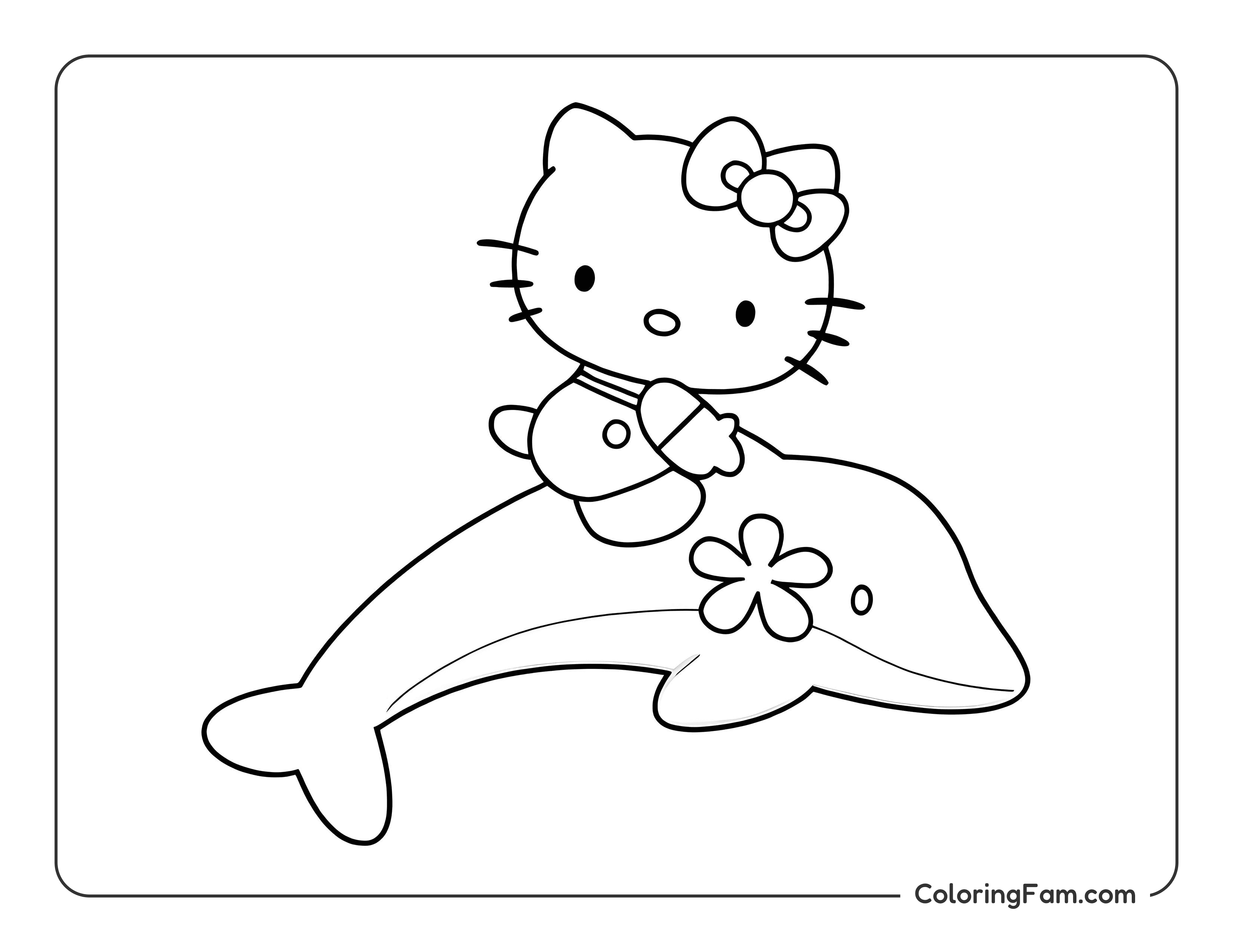 Hello Kitty riding dolphin coloring page