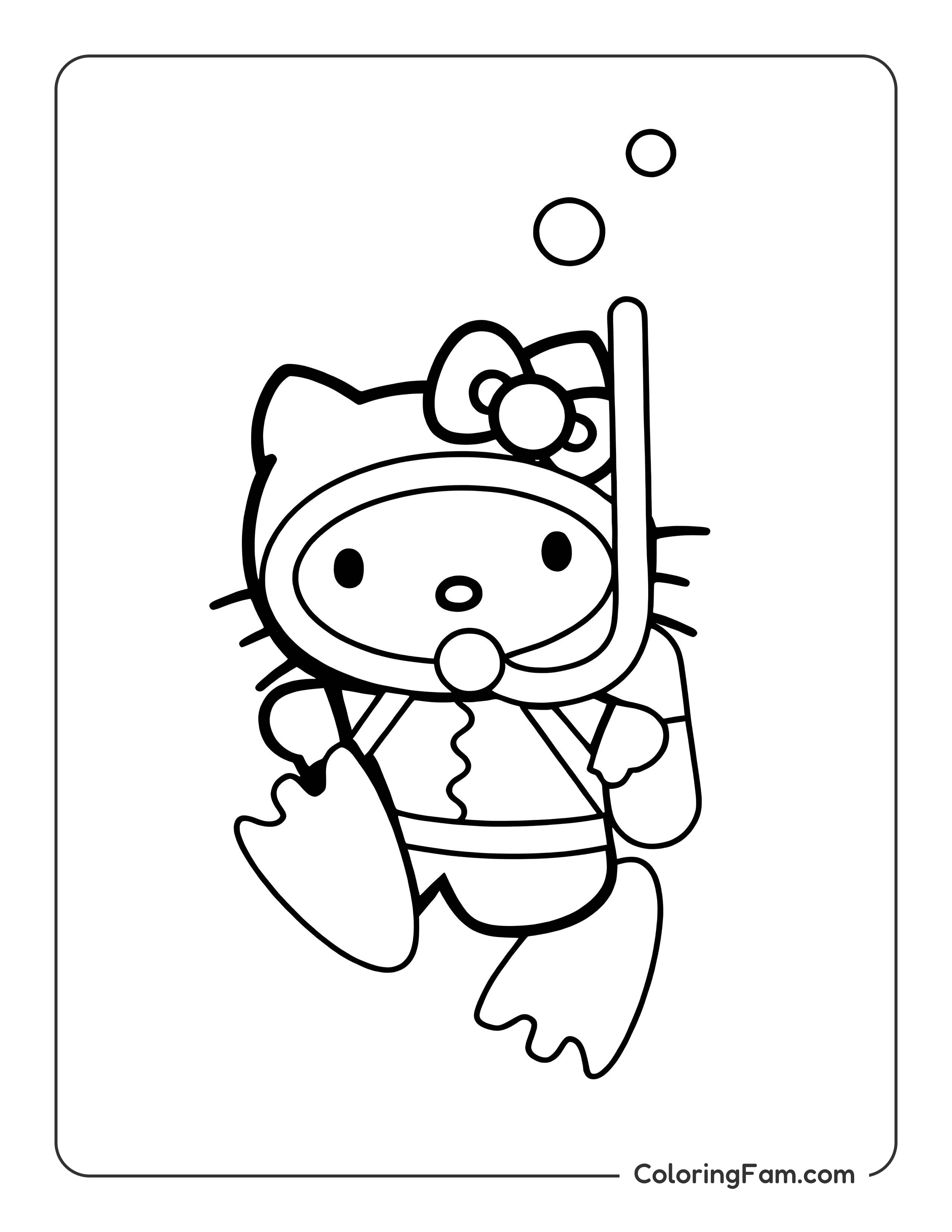 Hello Kitty scuba diving coloring page