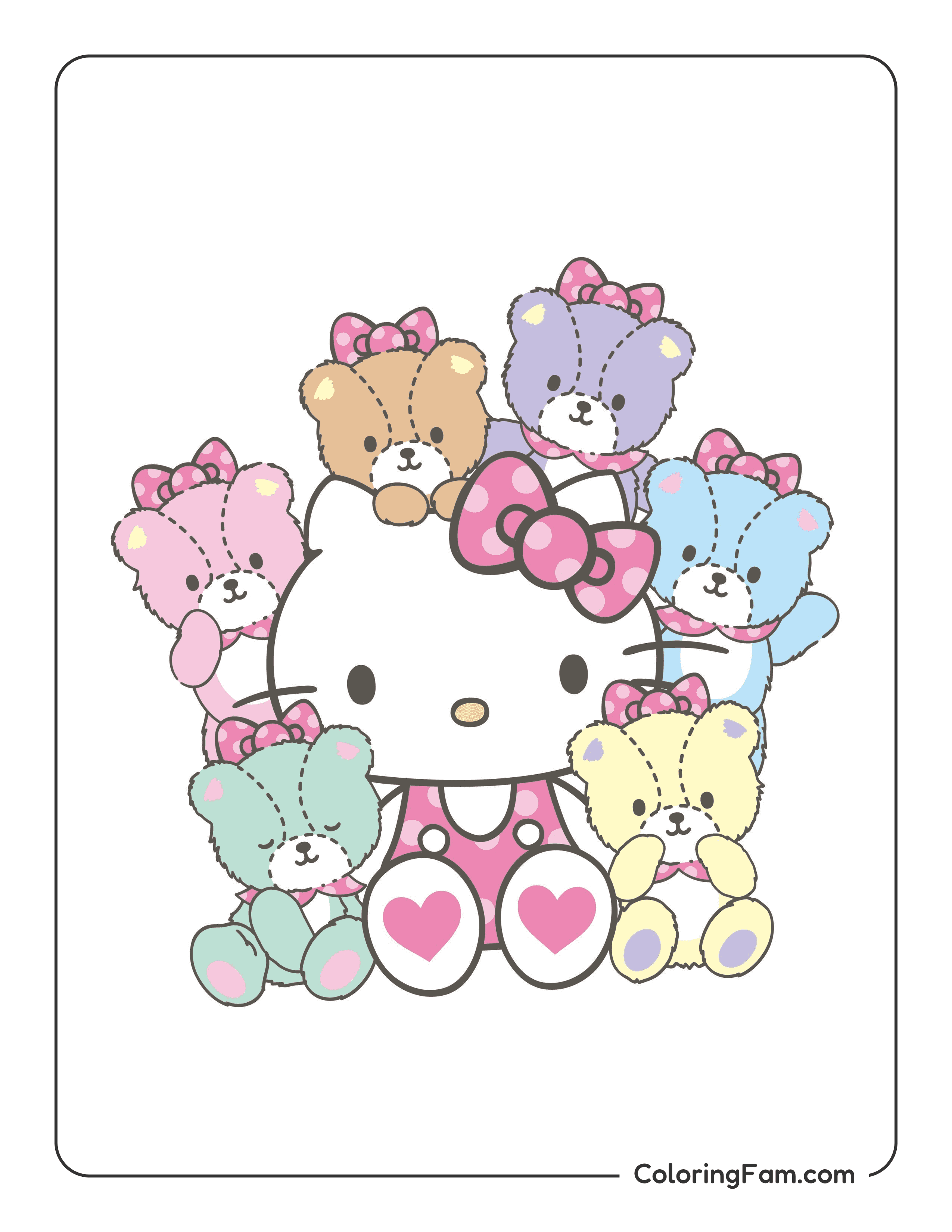 Hello Kitty surrounded by teddy bears colored coloring page
