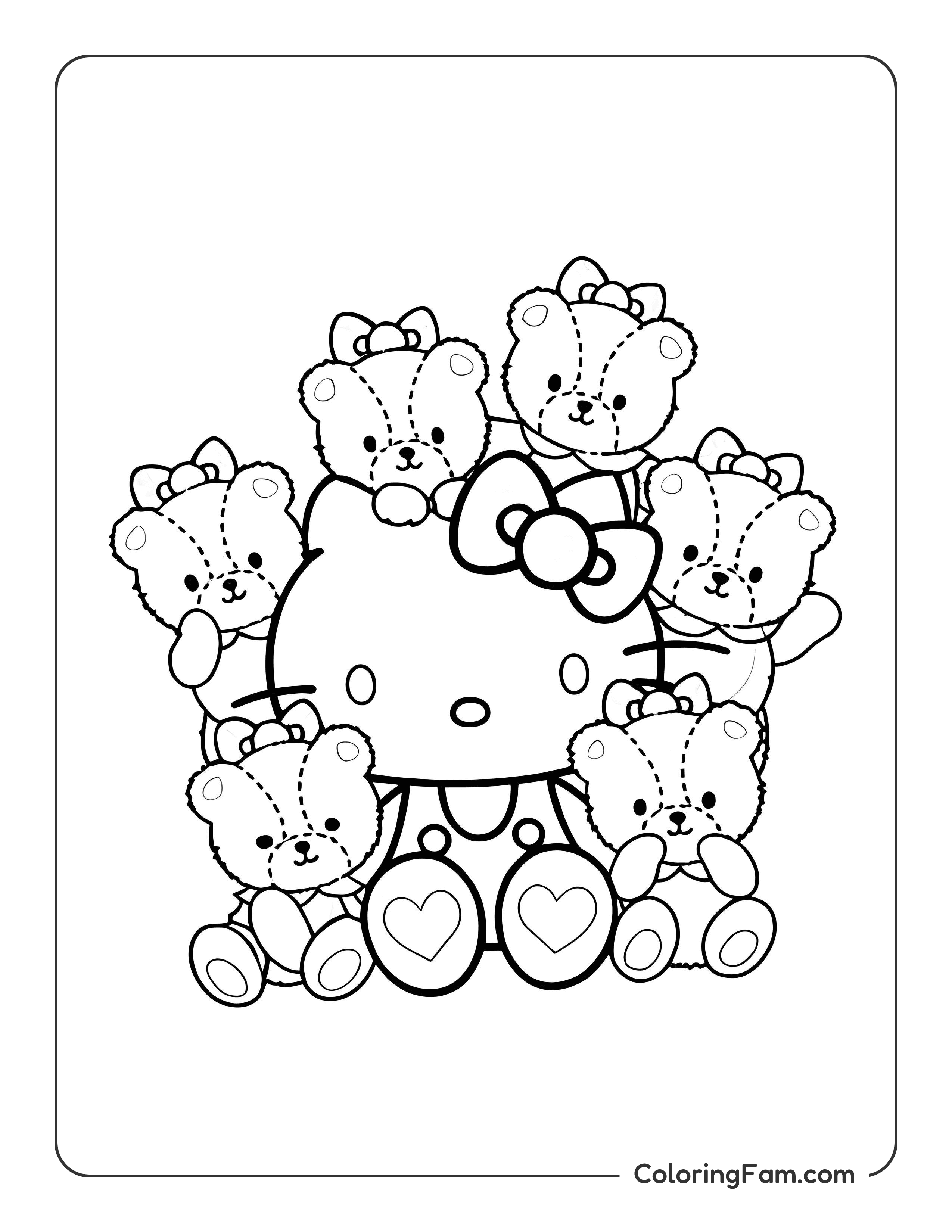 Hello Kitty surrounded by teddy bears coloring page