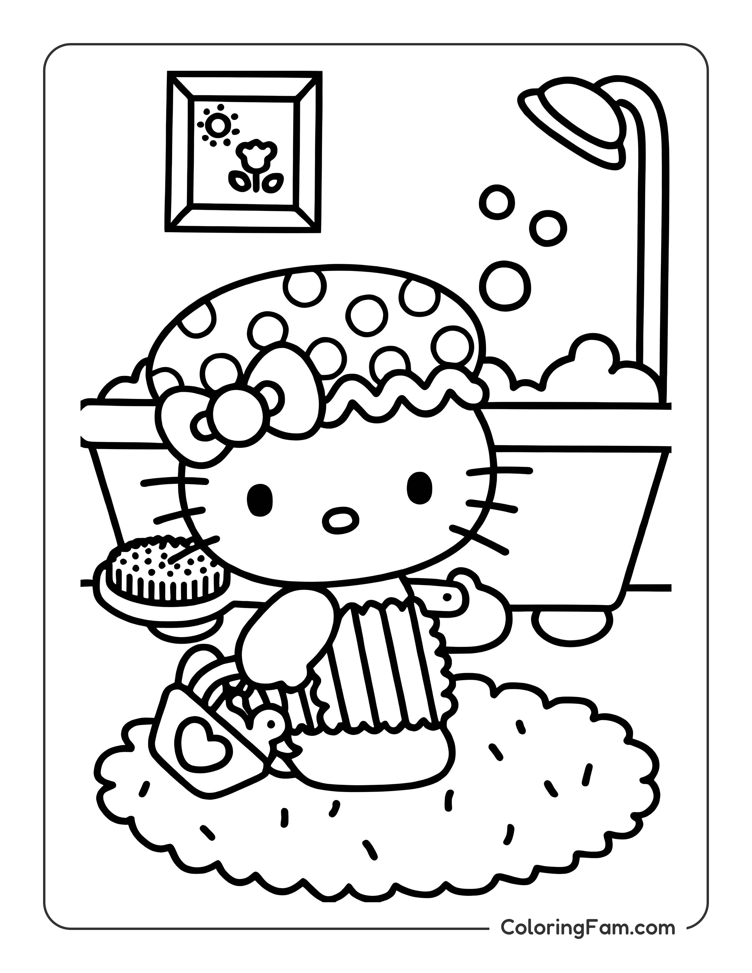 Hello Kitty taking bath coloring page