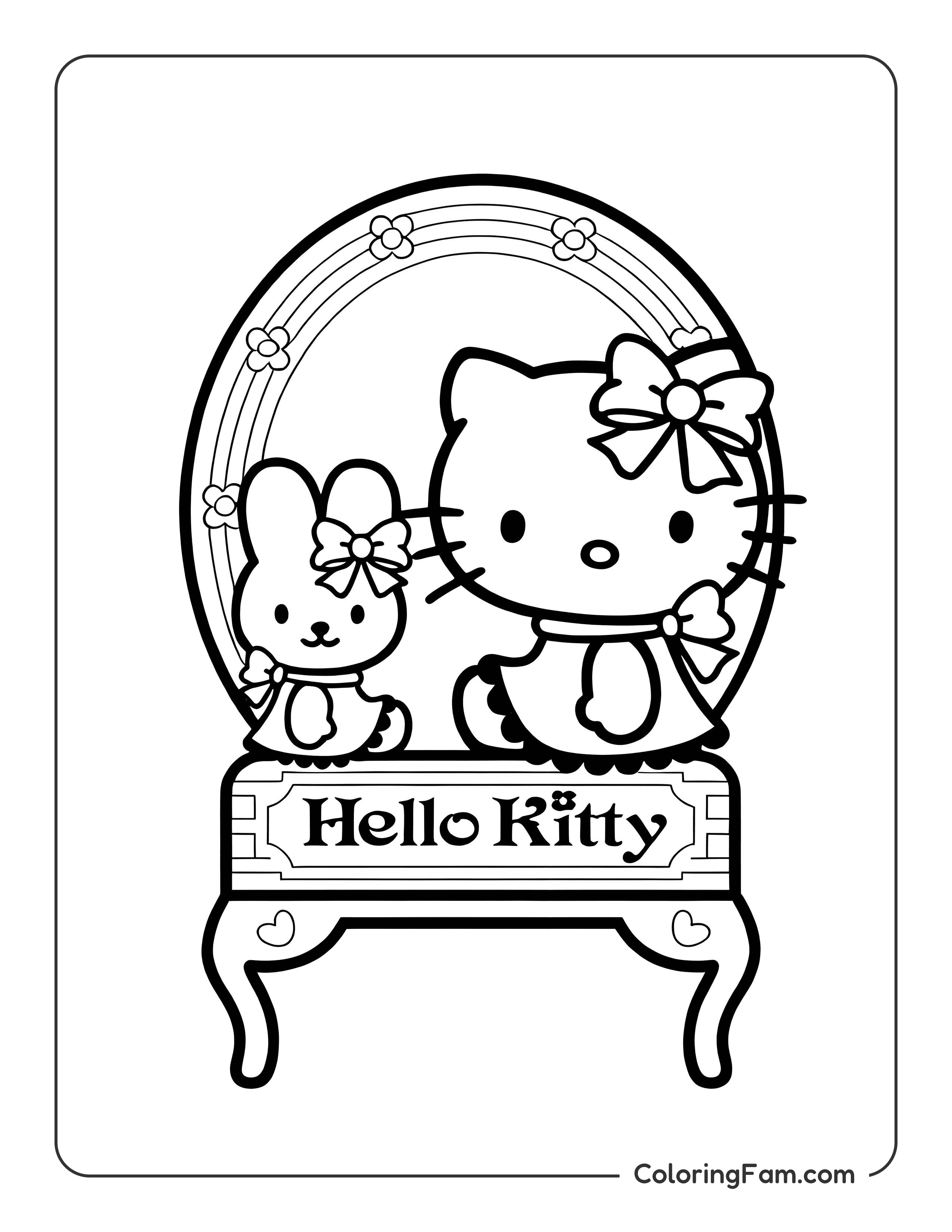 Hello Kitty with bunny mirror coloring page