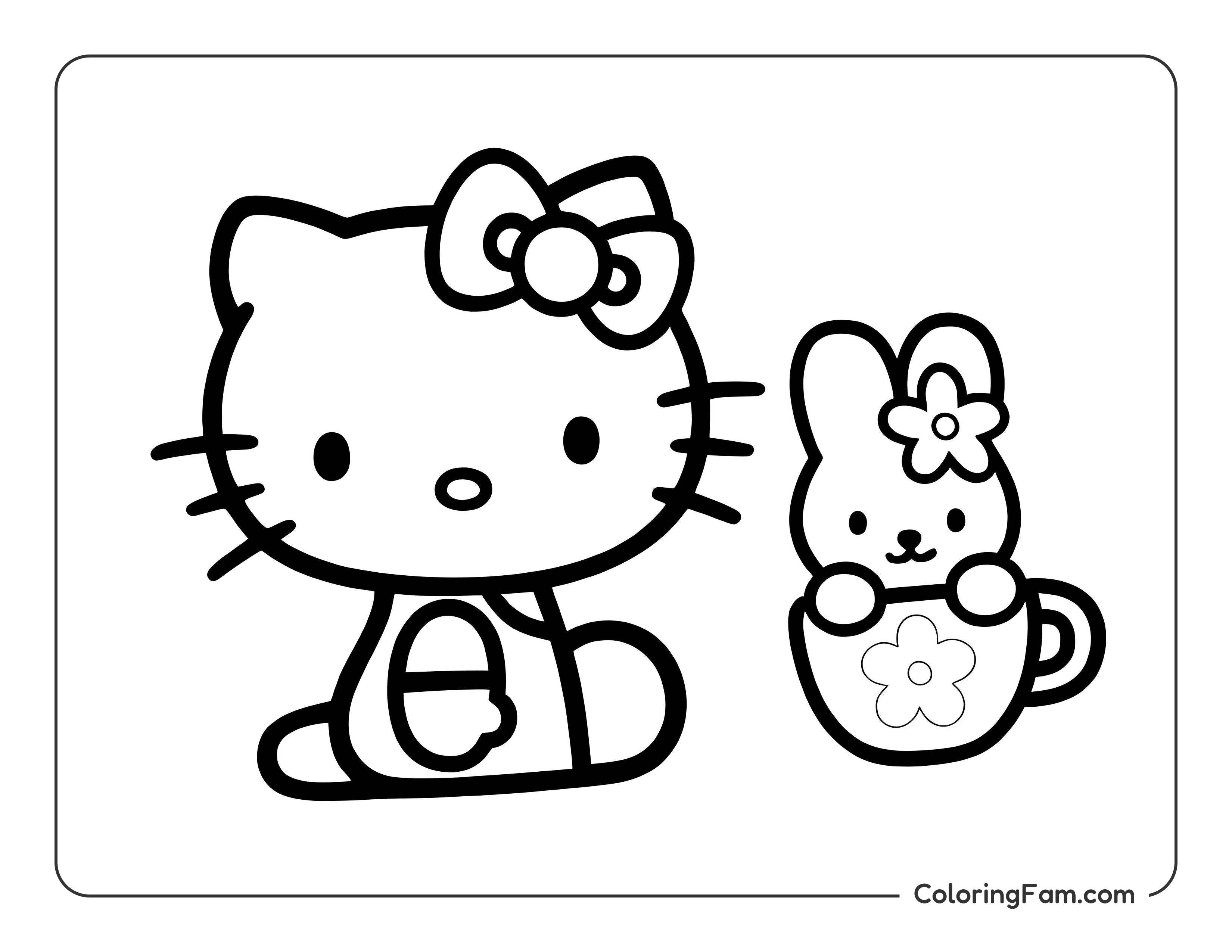 Hello Kitty with bunny teacup coloring page